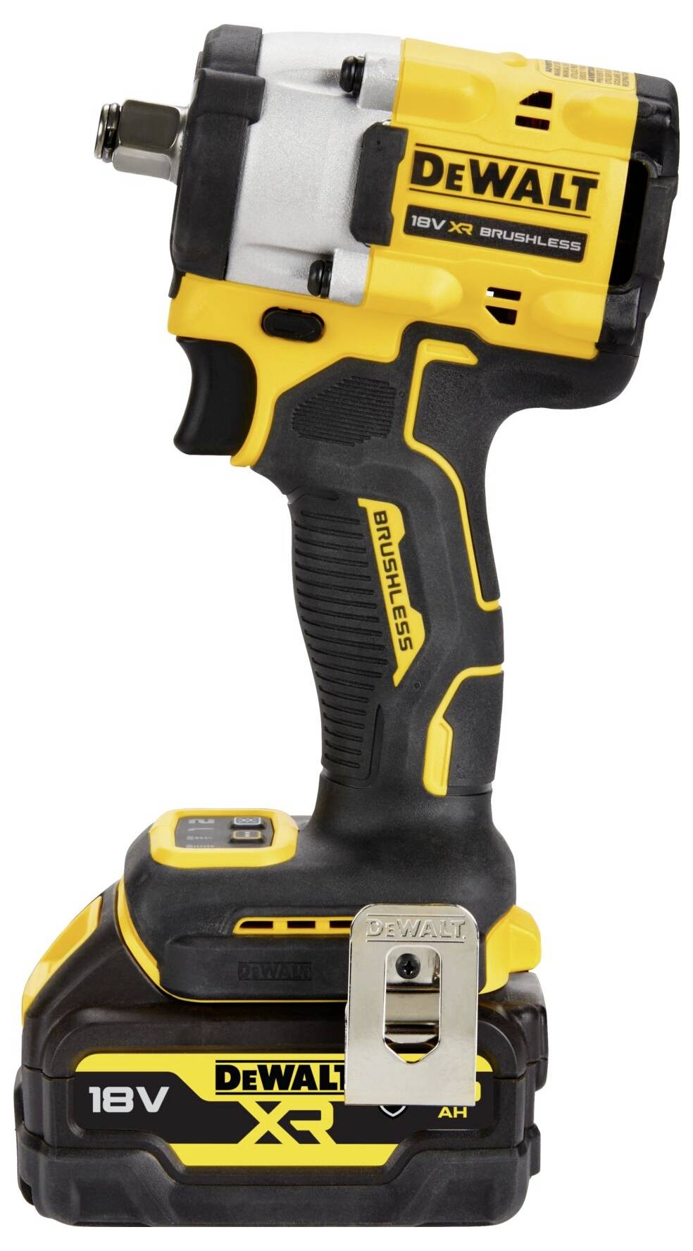 Akkuschlagschrauber mit gelb-schwarzem Gehäuse, deutlicher 'DEWALT'-Markenlogo. 18-Volt-Batterie, seitlicher Gürtelclip.