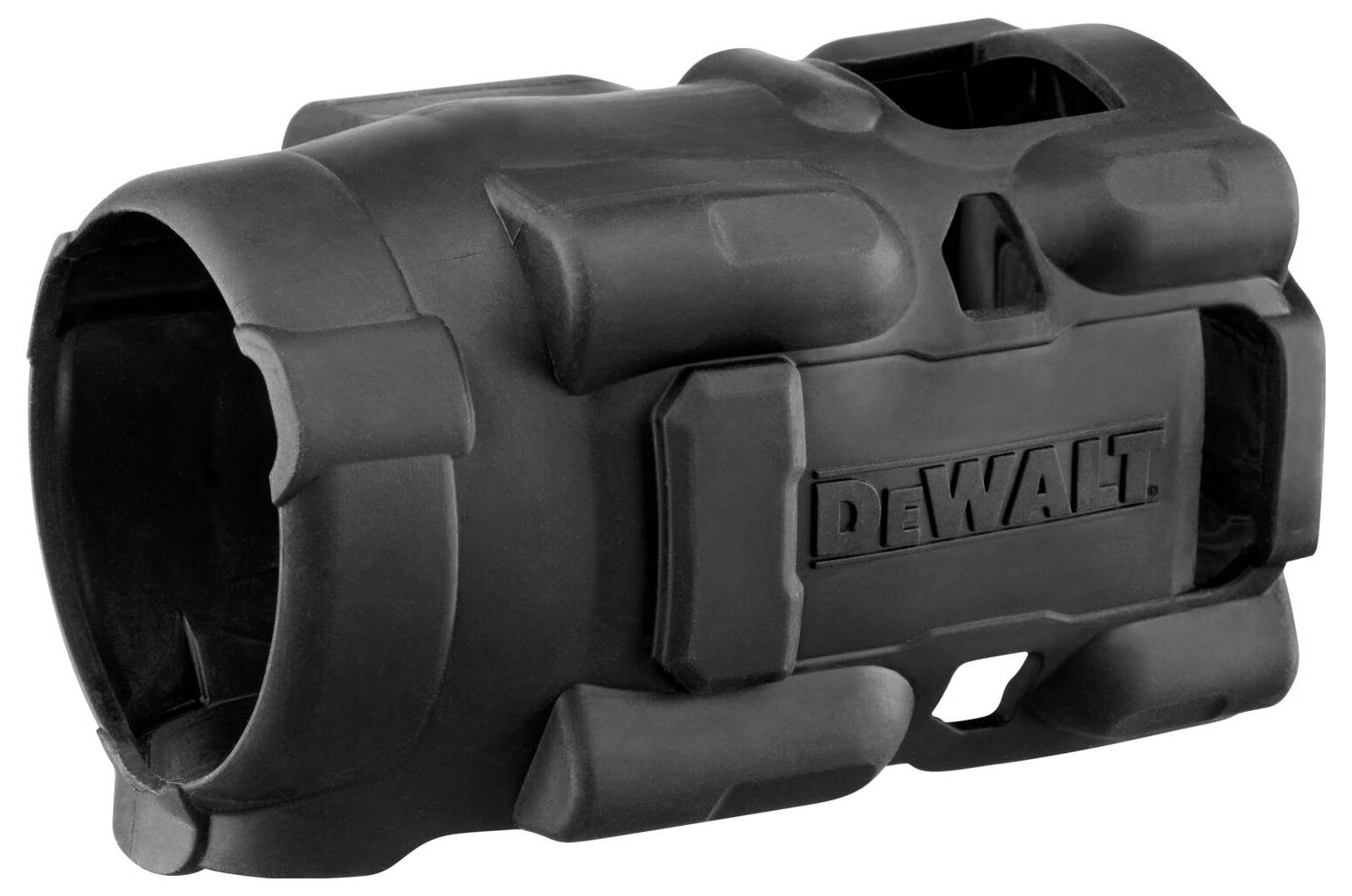 Ein schwarzer, robuster Gummischutz für ein elektrisches Werkzeug, mit der Aufschrift 'DeWALT' in der Mitte.