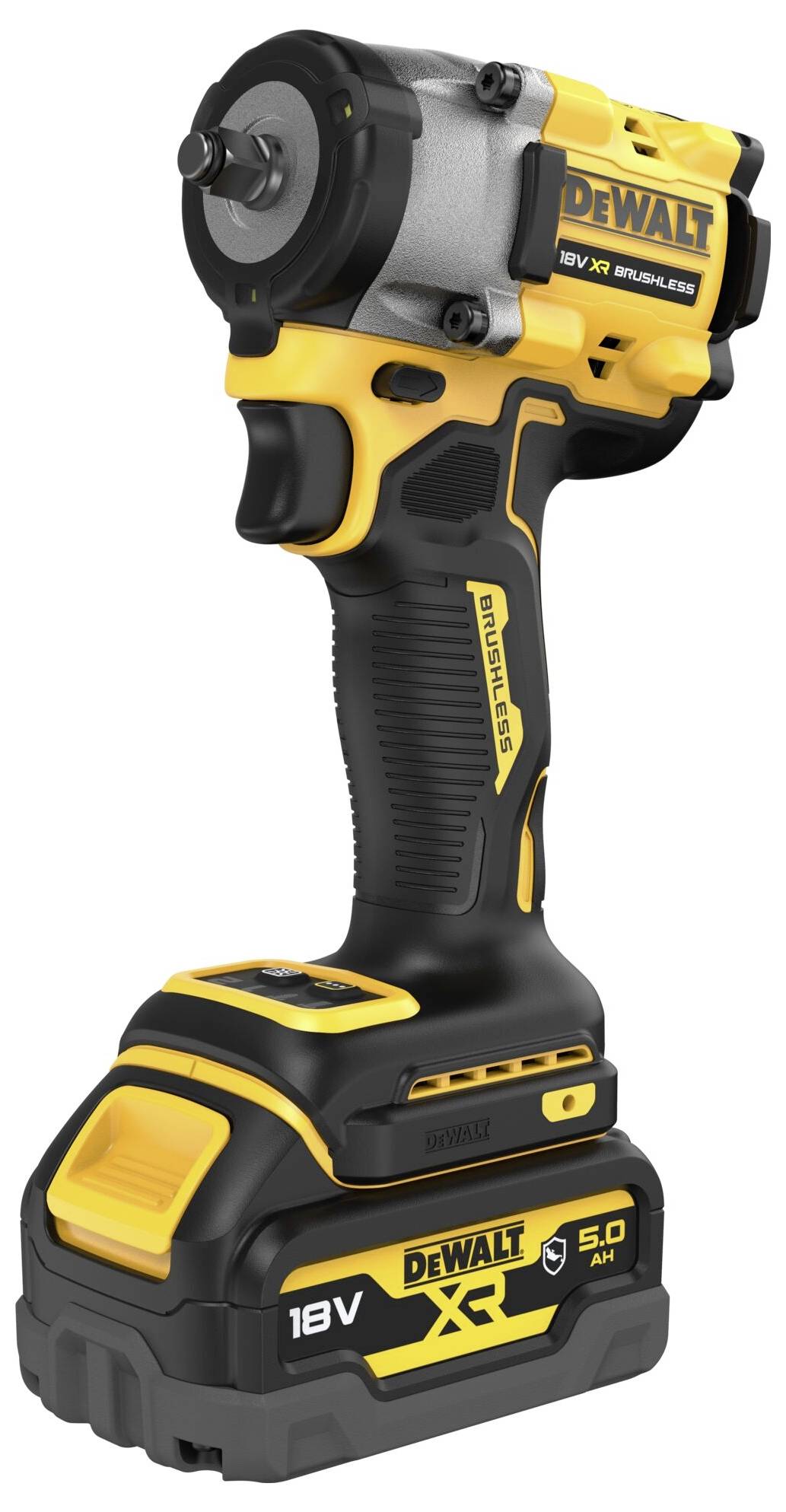 Ein kabelloser, gelb-schwarzer Akkuschlagschrauber der Marke Dewalt, Modell 18V XR, mit 5.0 Ah Akku, für Bau- oder Reparaturarbeiten.