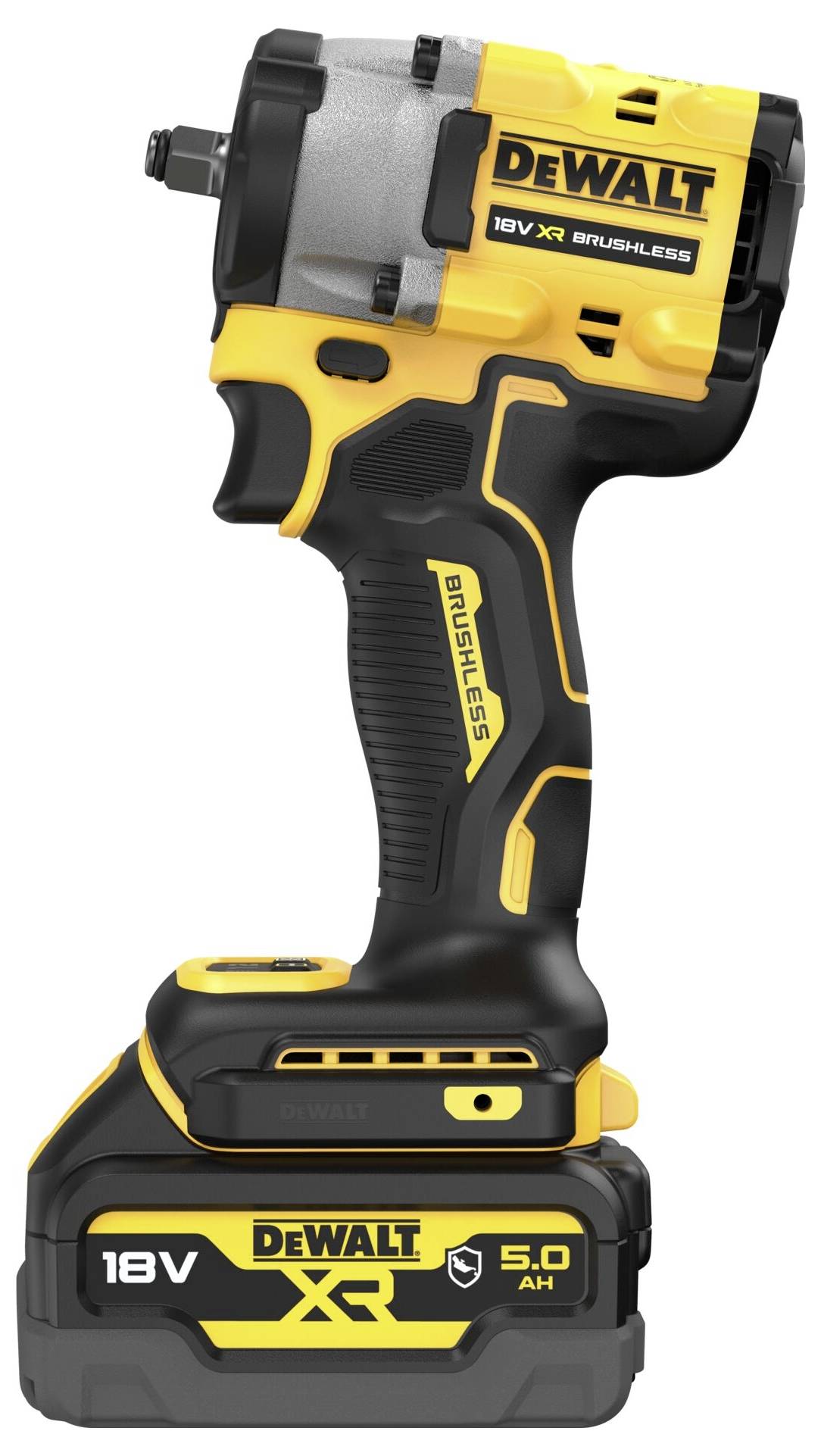 Akkuschlagschrauber der Marke DeWalt, 18V, mit bürstenlosem Motor und 5,0 Ah Akku, gelb-schwarzes Design.