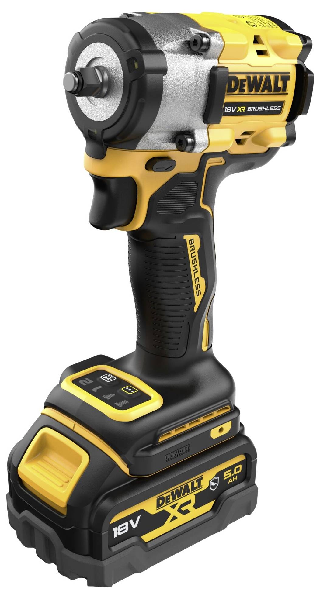 Akkuschlagschrauber in Schwarz und Gelb, Marke Dewalt, mit 18V und 5.0 Ah. Ansicht des Geräts mit Akku, Griff und Bedienelementen.