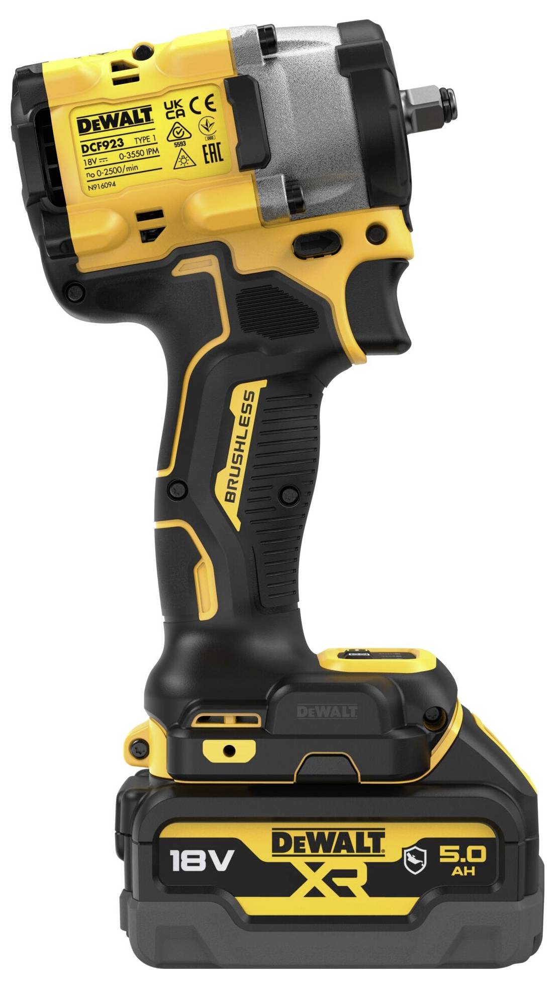 Kabelloser Dewalt-Schlagschrauber mit brushless Motor, gelb-schwarz, Modell DCP923, 18V, 5.0 Ah Akku für leistungsstarke Anwendungen.