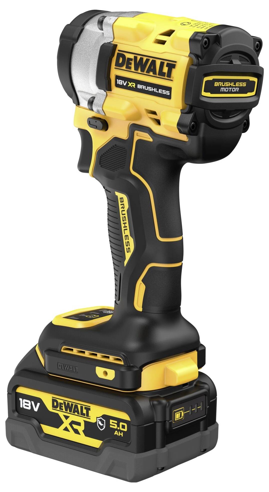 Akkuschrauber mit gelb-schwarzem Design, Marke DeWalt, 18V XR Brushless, 5,0 Ah Akku.