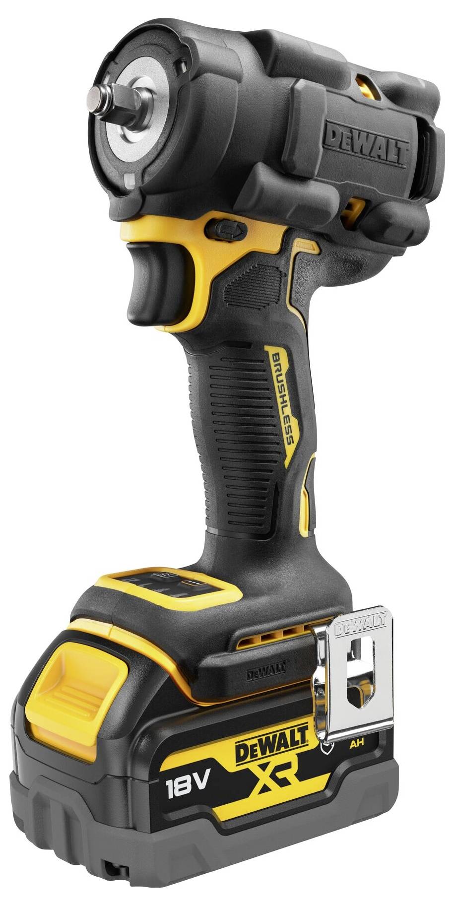 Ein leistungsstarker, kabelloser Schlagschrauber von der Marke Dewalt, 18V, mit ergonomischem Griff und robustem Design für professionelle Arbeiten.
