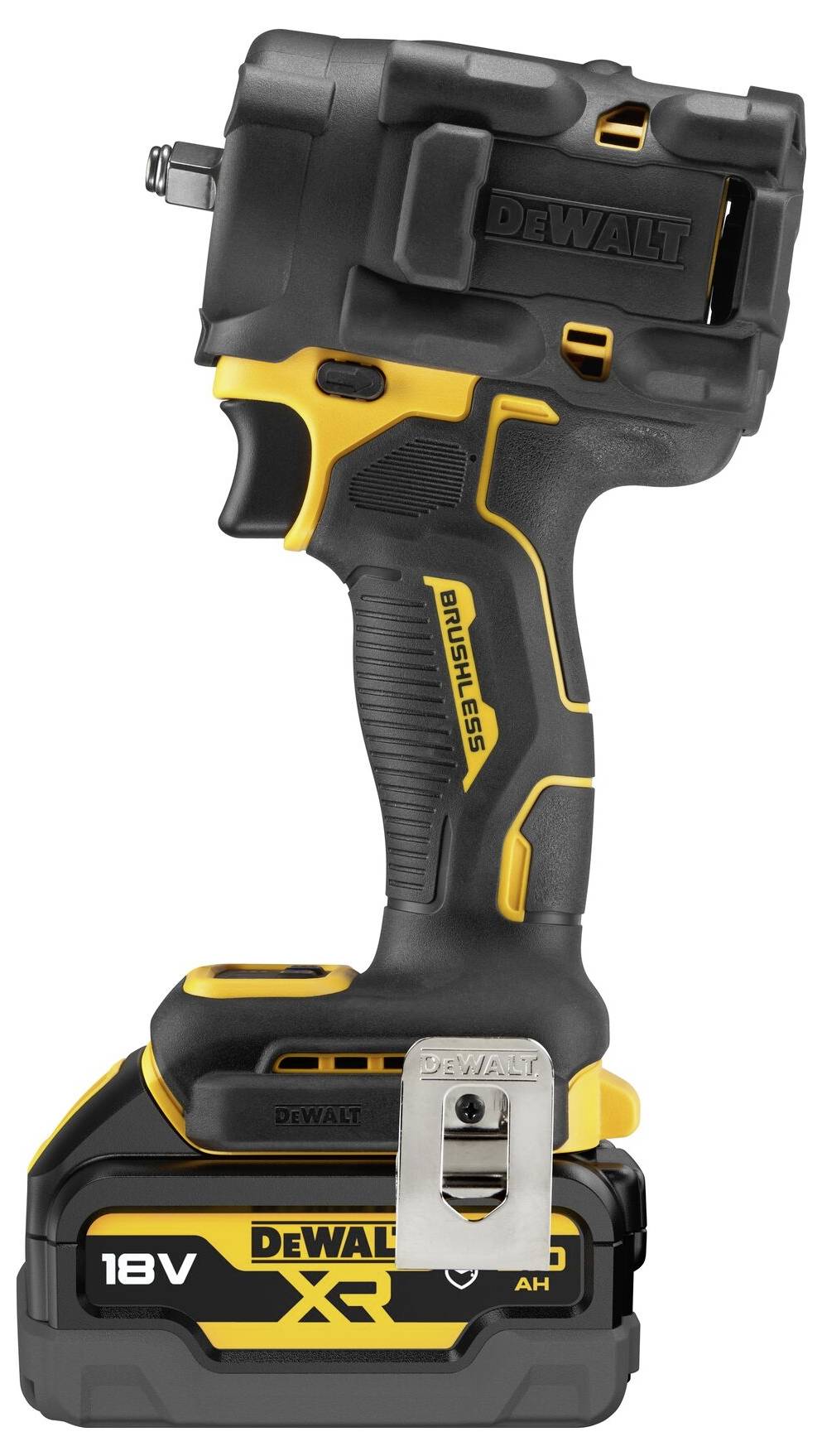 Akkuschlagbohrschrauber der Marke DeWalt, 18V, mit bürstenlosem Motor. Kompakte Bauweise, schwarz-gelbes Design, robustes Gehäuse.