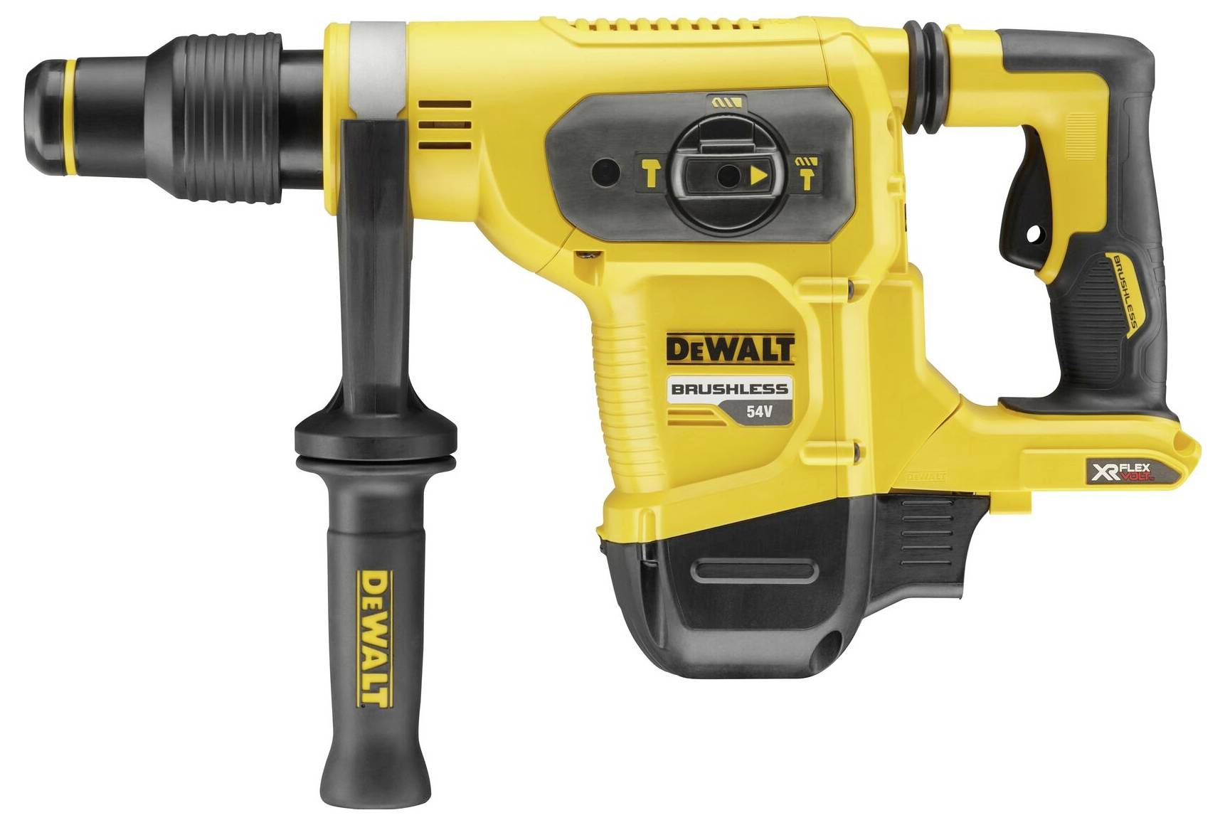 Gelber und schwarzer Bohrhammer mit Zusatzgriff. Markenname 'DEWALT' auf Werkzeugkörper und Griff sichtbar. Akku-Modell '54V XR FlexVolt'.