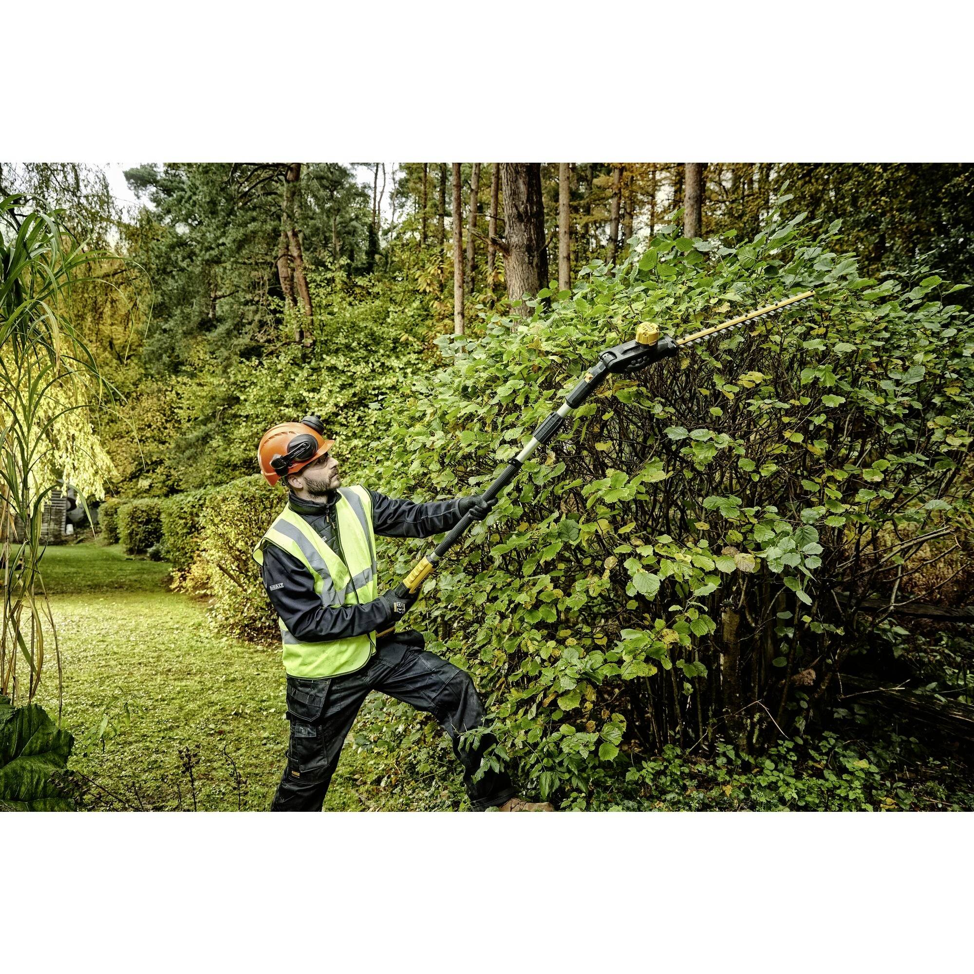 Eine Person in Sicherheitskleidung schneidet mit einer Teleskop-Heckenschere eine Hecke in einem bewaldeten Garten.