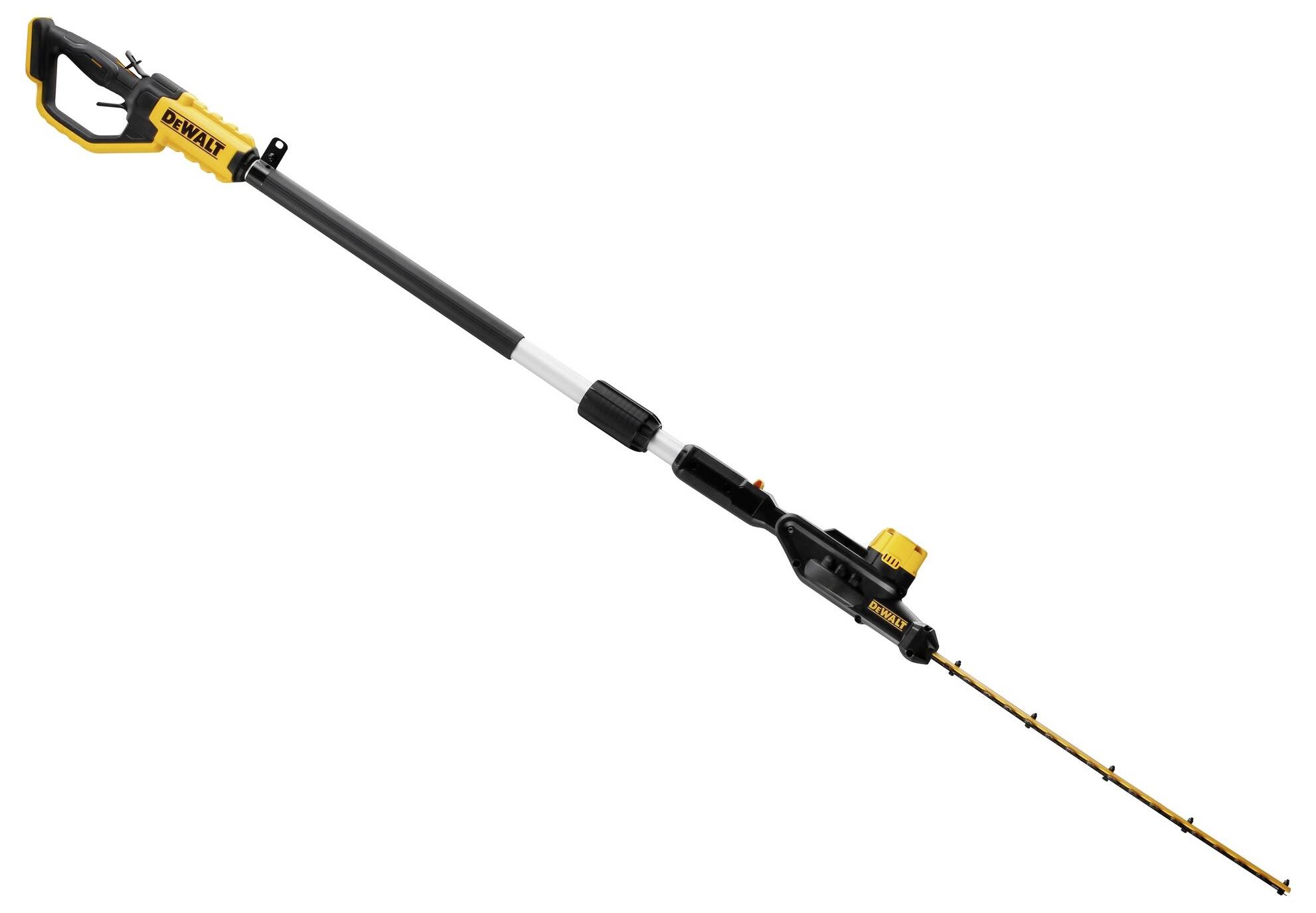 Ein gelber und schwarzer akkubetriebener Teleskop-Heckenschneider von DEWALT, mit einem langen, ausziehbaren Griff.