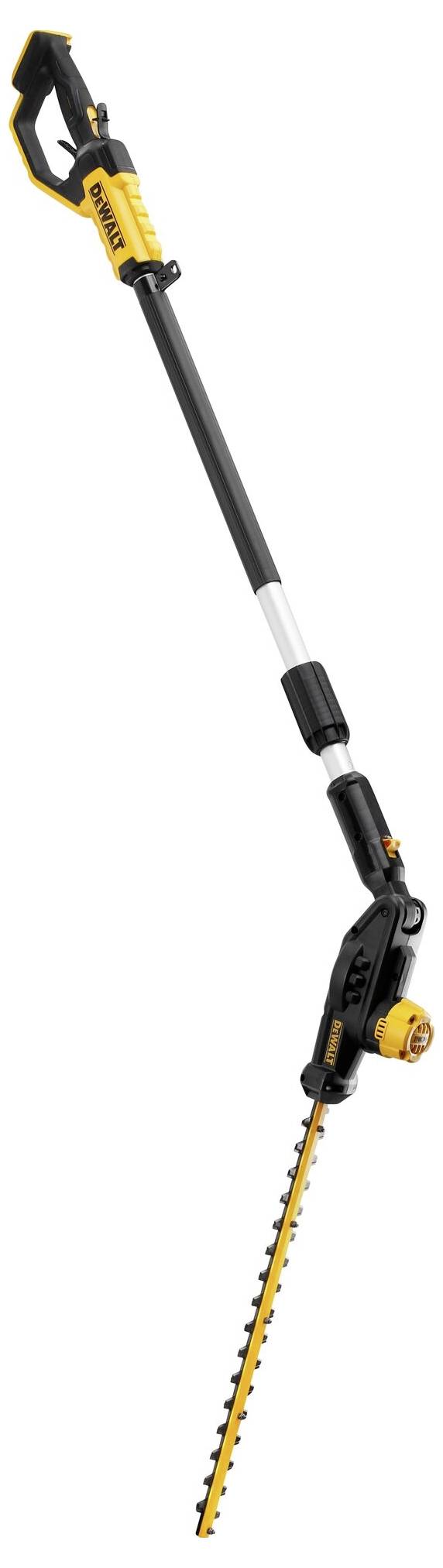 Ein gelber und schwarzer Heckenschneider mit langem Stiel und Schneidkopf, ideal zum Trimmen hoher Hecken.