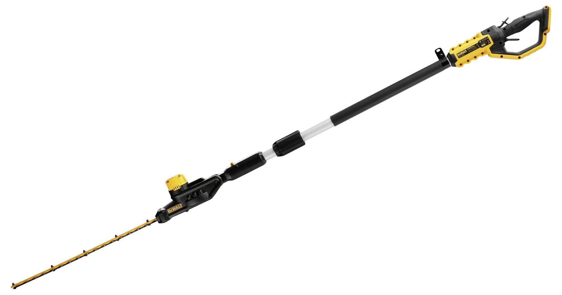 Elektrische Teleskop-Heckenschere mit gelbem und schwarzem Griff und langem Schneidkopf, geeignet für hohe Hecken.