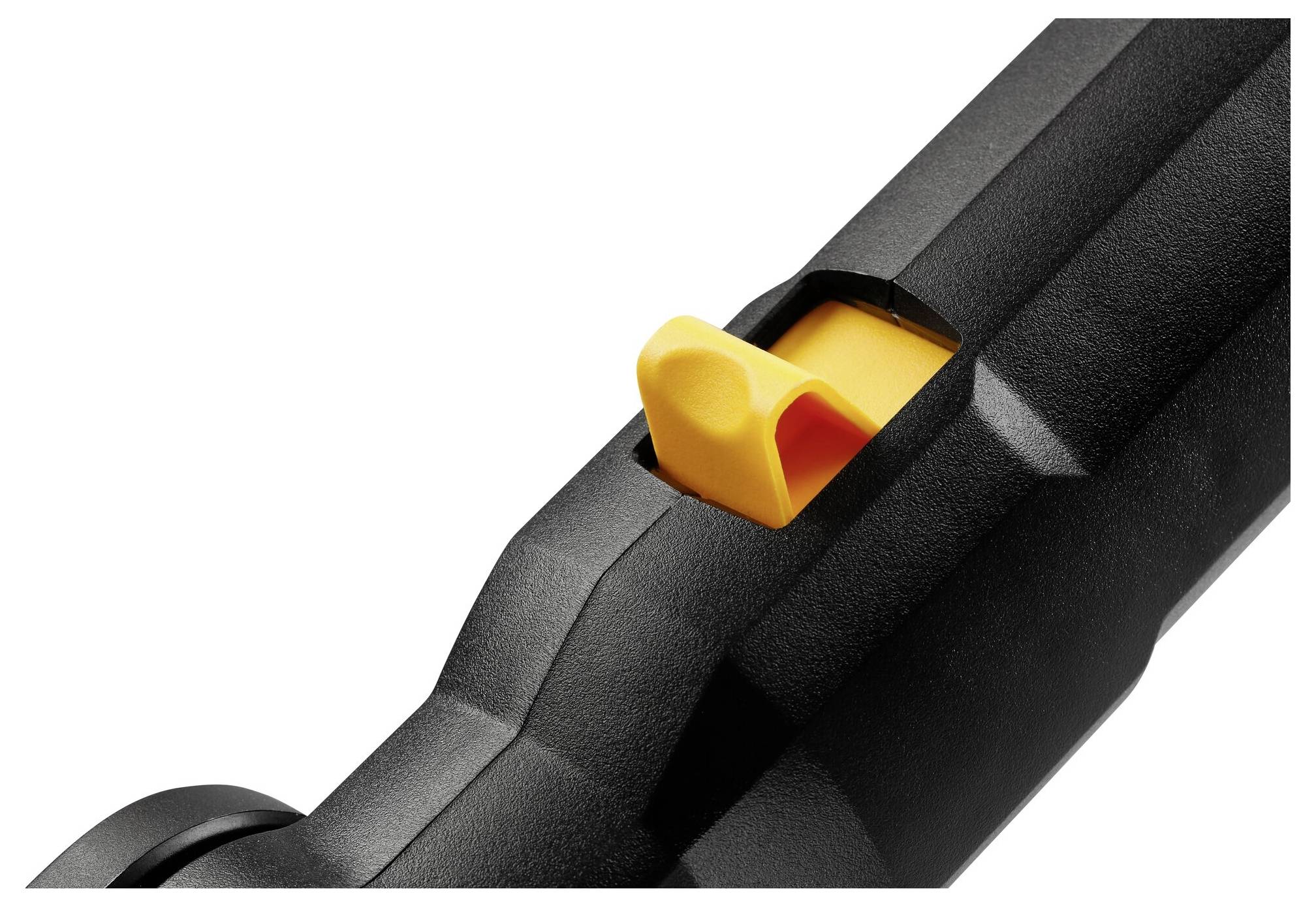 Nahaufnahme eines schwarzen Elektrowerkzeugs mit gelbem Schalter.