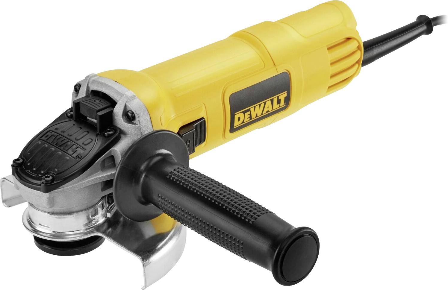 Gelbe Winkelschleifermaschine mit schwarzem Griff und Netzkabel, Typenschild 'DEWALT' sichtbar.