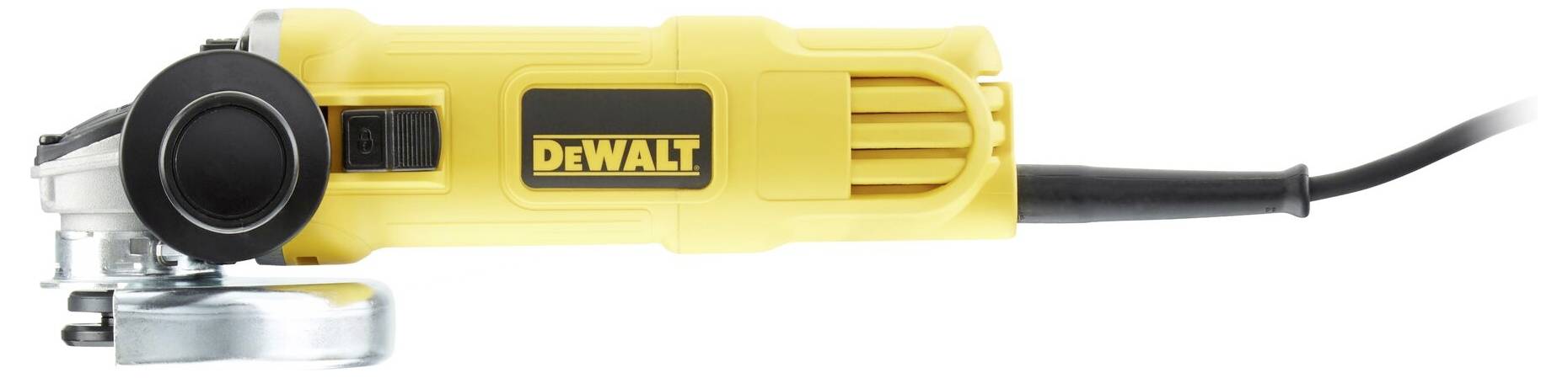 Eine gelbe Schleifmaschine mit schwarzem Netzkabel, seitlich liegend. Markenlogo 'DeWalt' in der Mitte des Gehäuses.