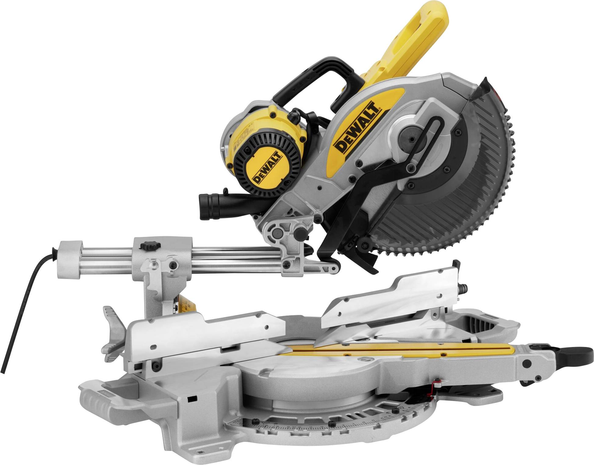 Kreissäge von Dewalt mit gelb-schwarzem Design, robustem Sägetisch und integriertem Lasermessgerät, ideal für Holzarbeiten.