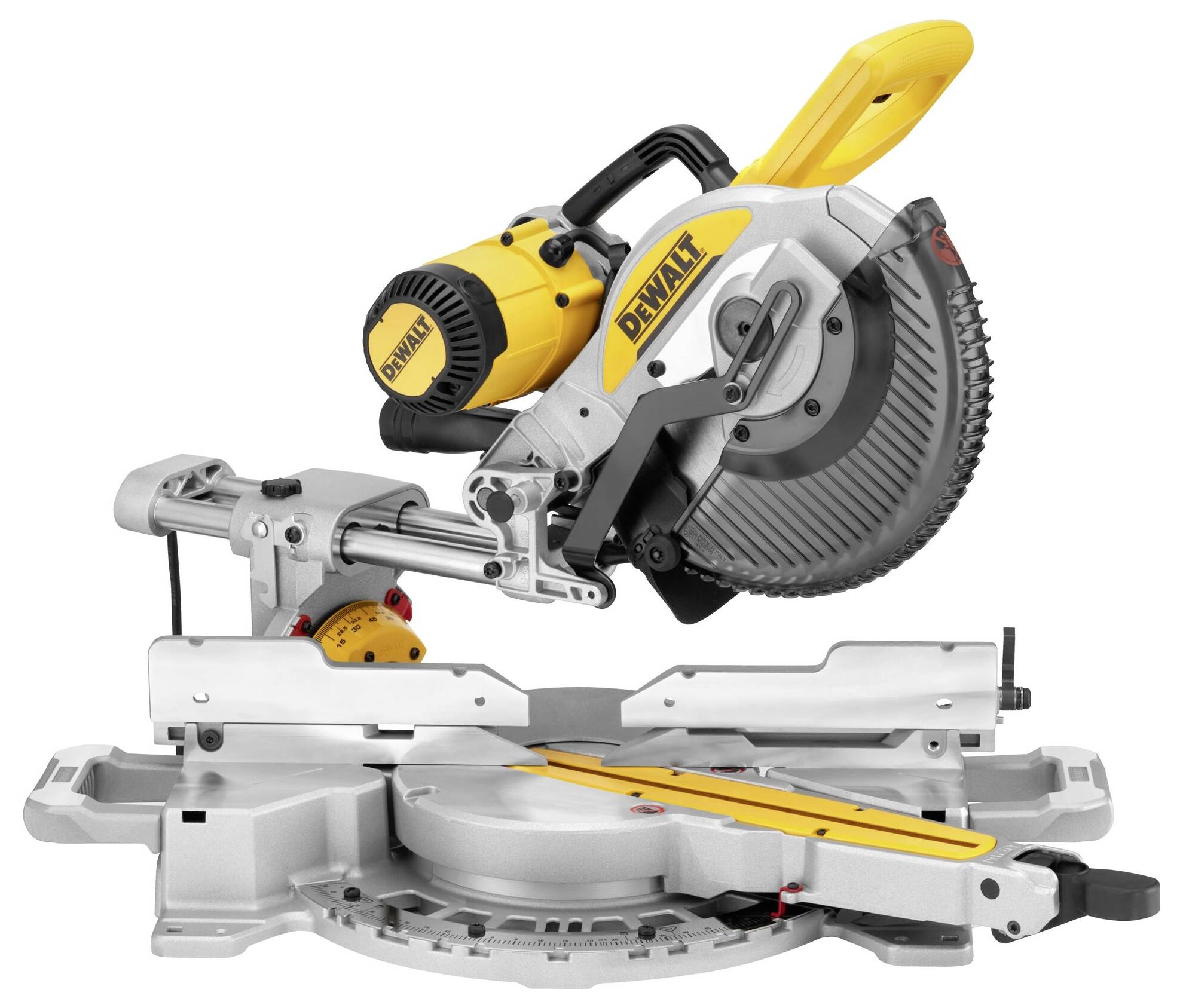 Kreissäge der Marke DeWalt, ausgestattet mit einem gelben Griff und grauem Gehäuse. Geeignet für präzise Holzschnitte.