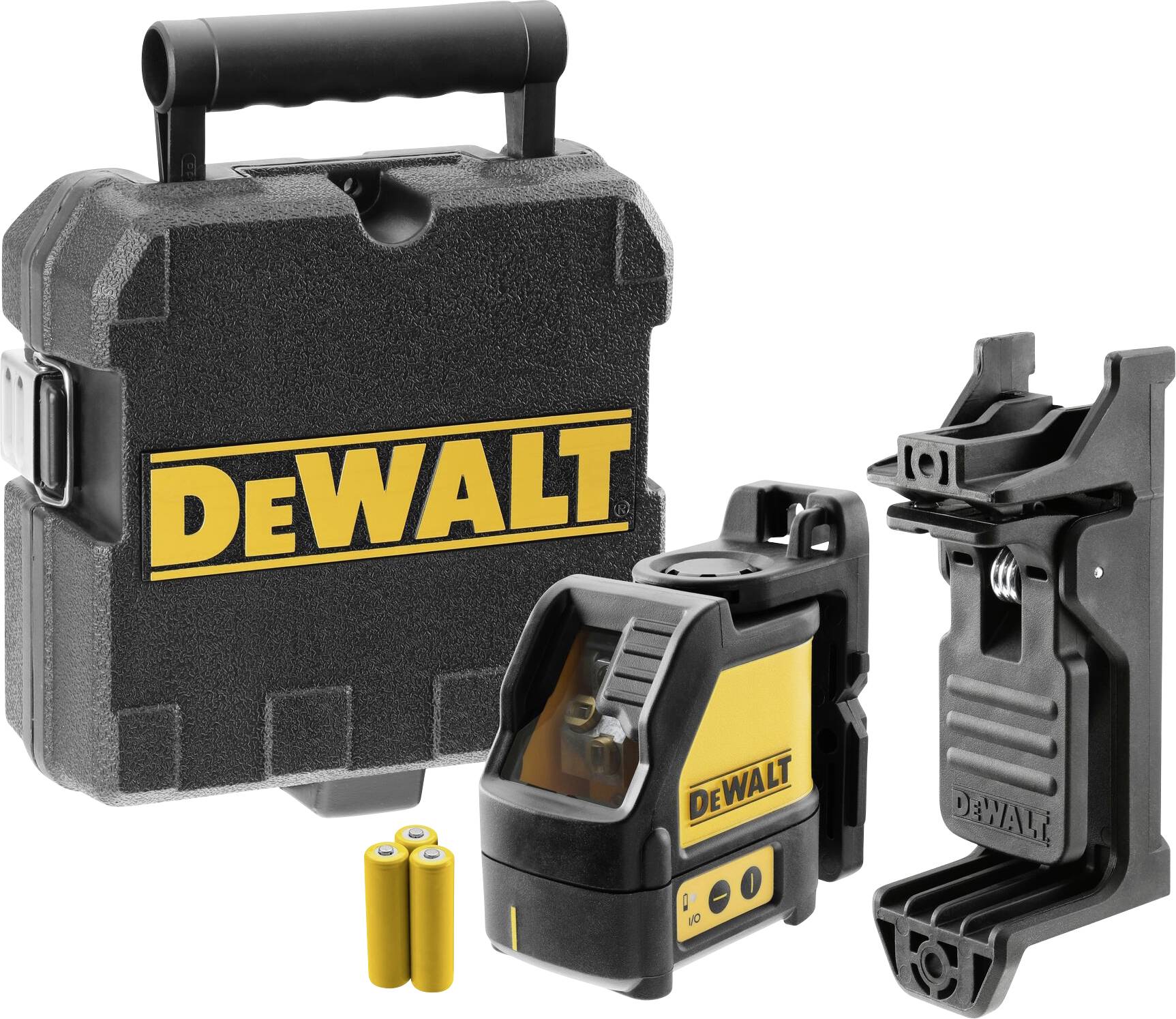 Dewalt Laser-Nivelliergerät mit Koffer, Batterien, und Halterung. Hauptgerät in Gelb/Schwarz. Ideal für Präzisionsmessungen.