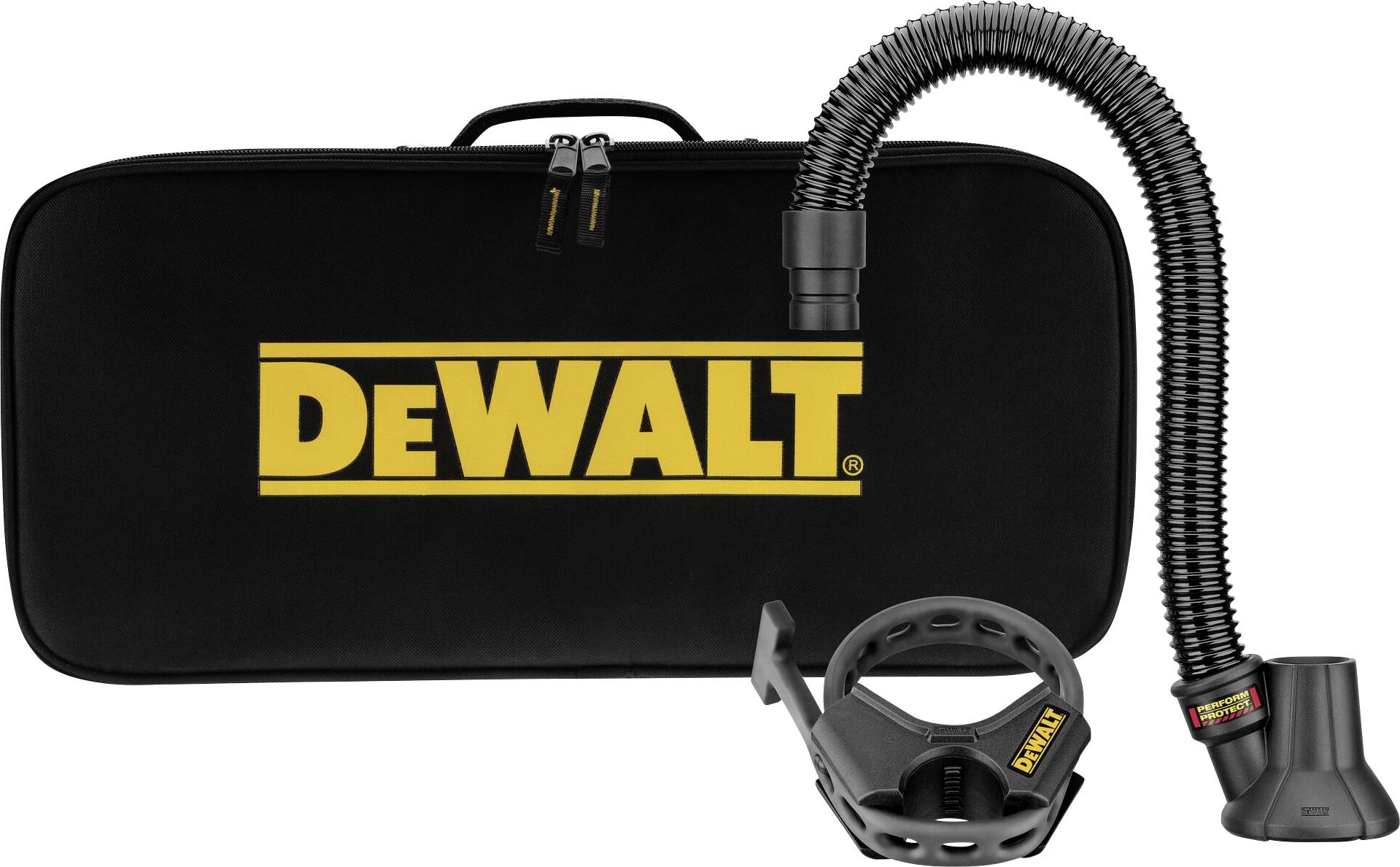 Schwarze DeWALT-Tasche mit gelbem Logo, flexiblem Saugschlauch und Halterung. Werkzeugzubehör für Baustellen.