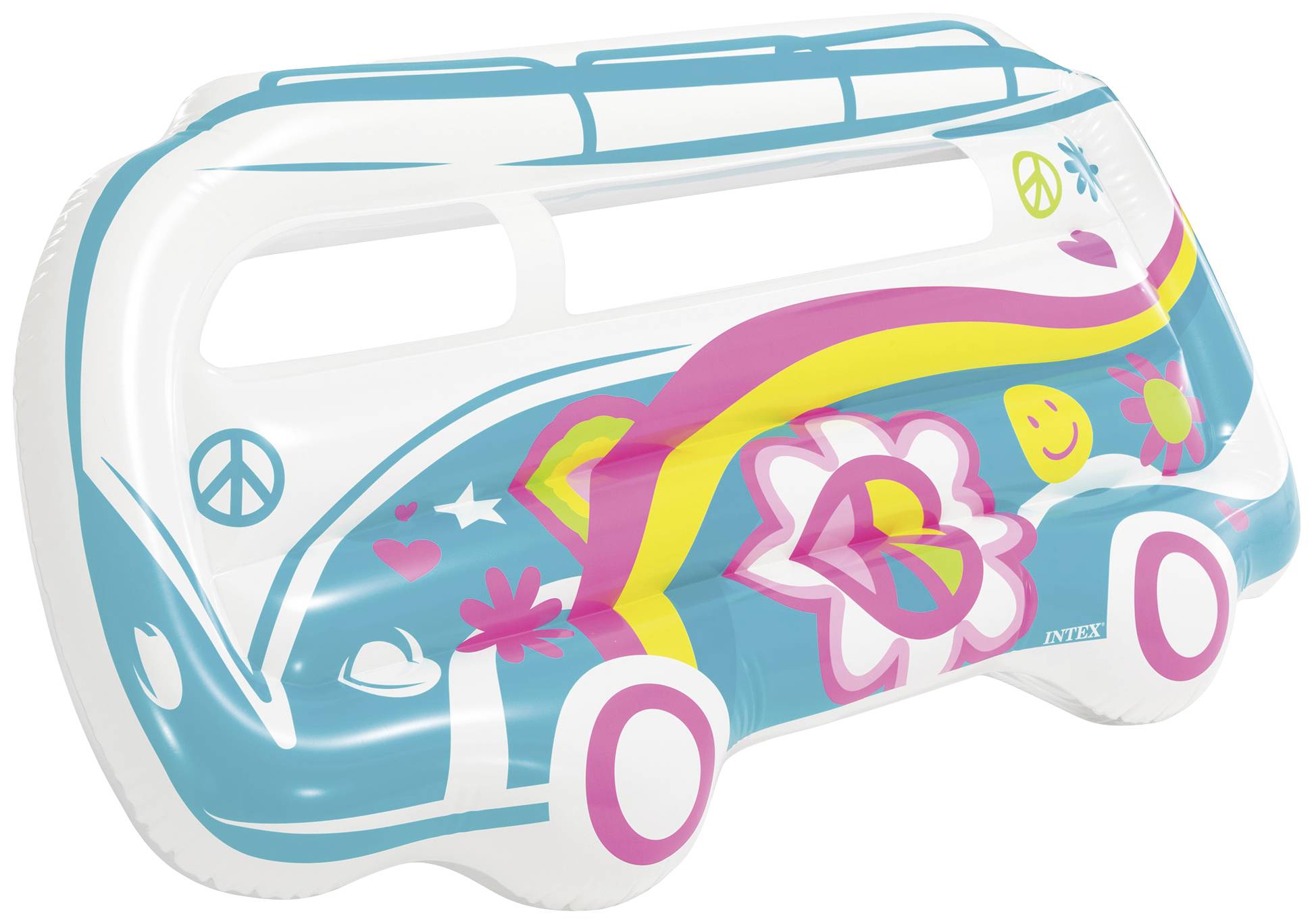 Buntes Luftmatratzen-Design in Form eines Vans, verziert mit Blumen, Friedenstauben und Herzen, im Stil der Hippie-Kultur.