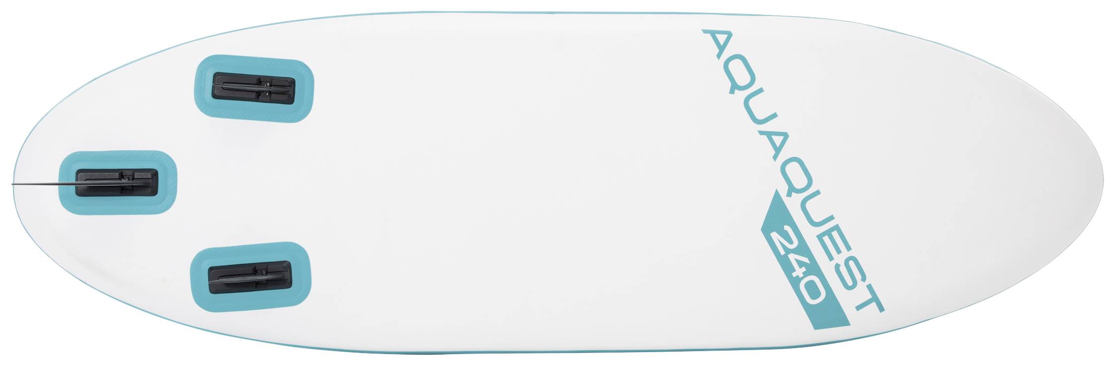 Ein weißes Surfbrett mit blauem Aufdruck 'AQUAQUEST 240'. Drei blaue Finnen sind unten angebracht.