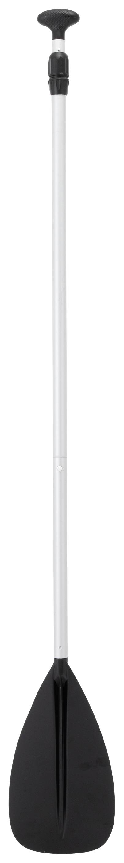 Einzelnes SUP-Paddel mit schwarzem Blatt und weißem Schaft. Ideal für Stand-up-Paddling auf ruhigen Gewässern geeignet.