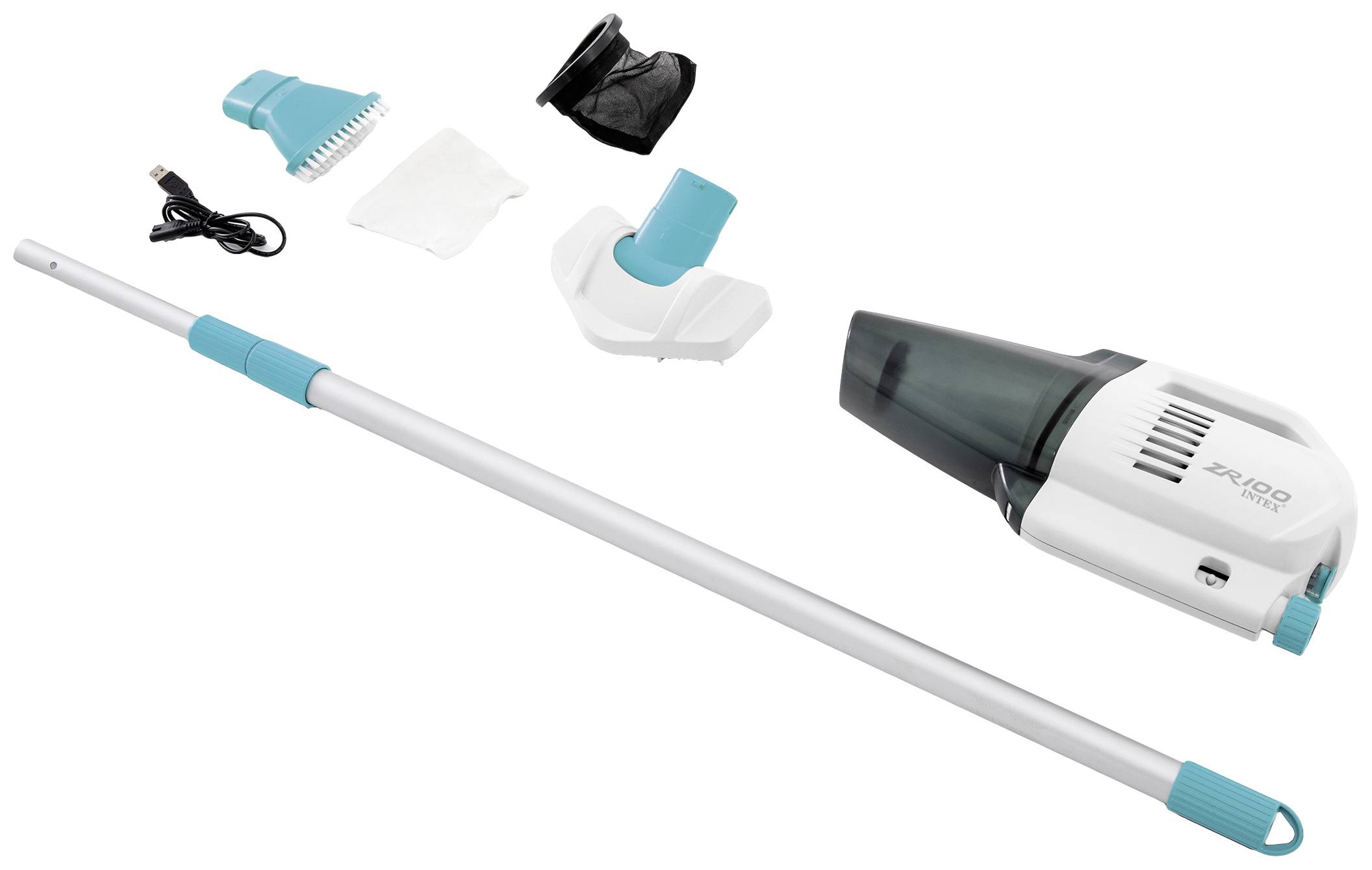 Mini Pool-Reiniger mit Saugvorrichtung, Teleskopstange und verschiedenen Aufsätzen, geeignet für kleine Wasserbecken und Pools.