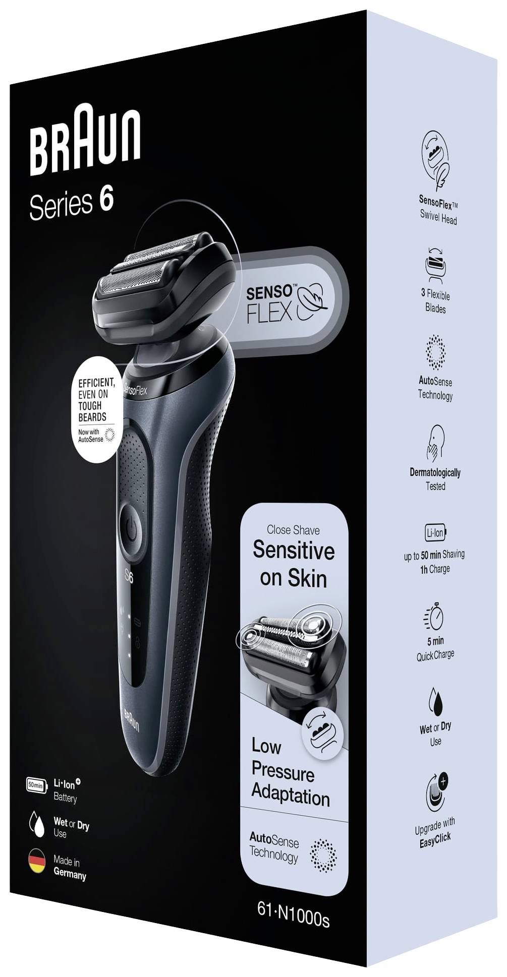 Verpackung eines Braun Series 6 Rasierers mit SensoFlex-Technologie, optimiert für empfindliche Haut. Enthält Infos zu Flexibilität und Hautschonung.