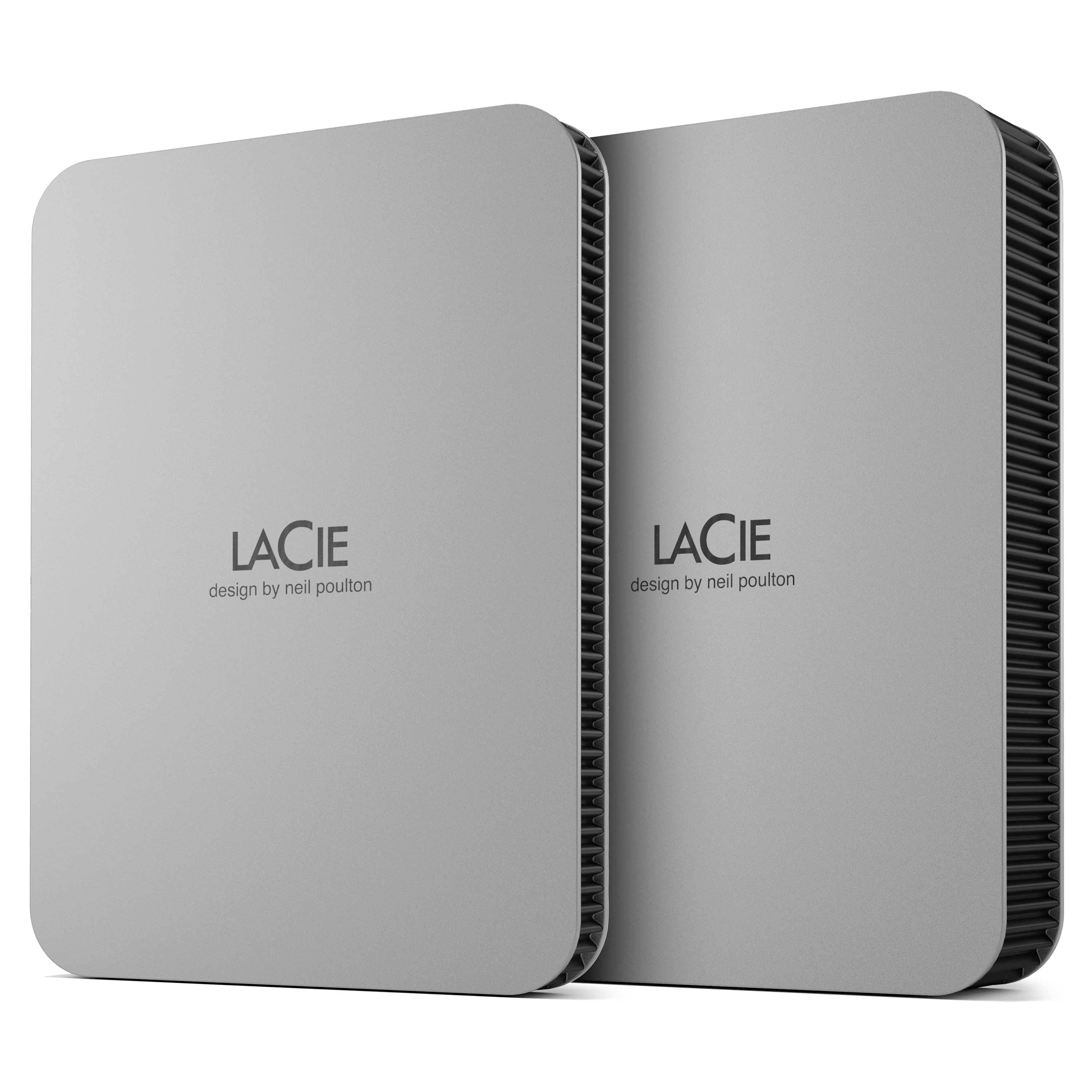 Zwei silberne externe Festplatten mit der Aufschrift 'LaCie design by neil poulton' auf der Vorderseite, nebeneinander stehend.