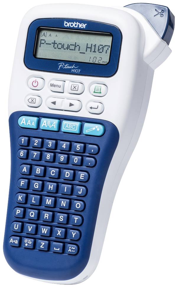 Ein tragbares Etikettiergerät mit QWERTZ-Tastatur. Zeigt Display mit 'P-touch_H107'. Nutzt Druckknöpfe für verschiedene Einstellungen.