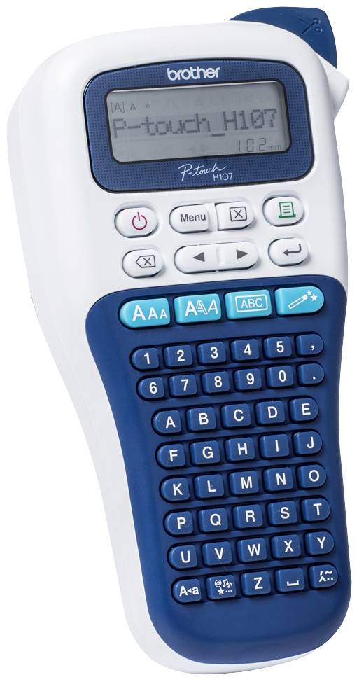 Handheld Etikettendrucker mit schwarzem Display und QWERTZ-Tastatur. Oben befindet sich das Markenlogo und ein kleiner Bildschirm.
