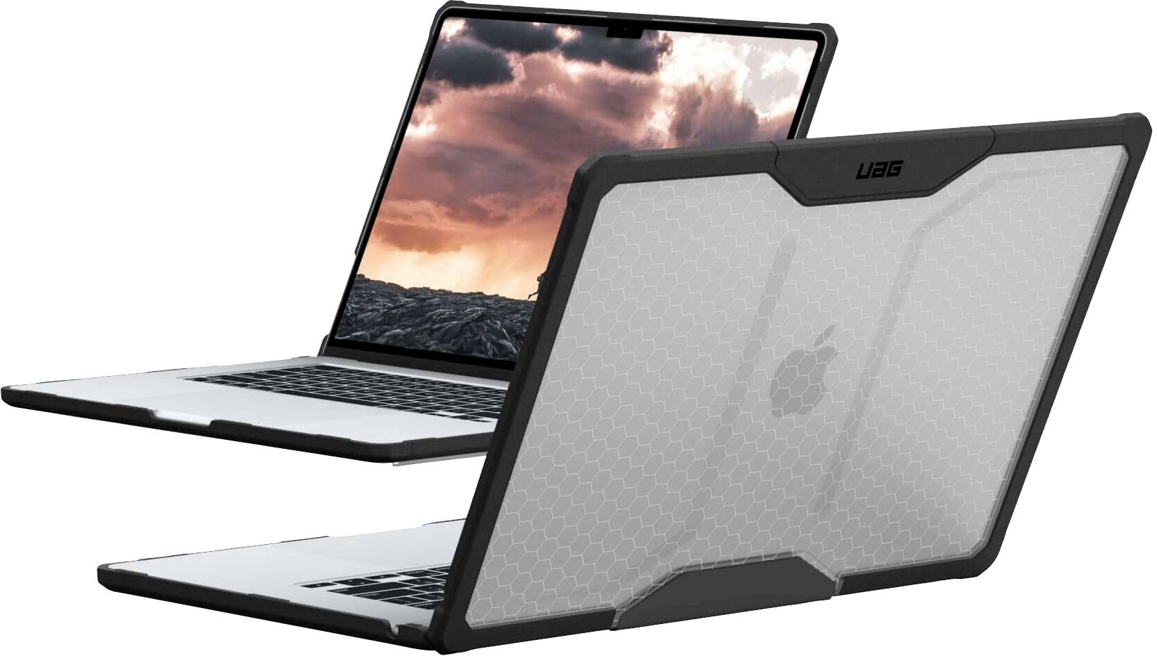 Ein Laptop mit robustem Schutzgehäuse, teilweise geöffnet. Der Bildschirm zeigt einen Himmel mit Wolken im Sonnenuntergang.