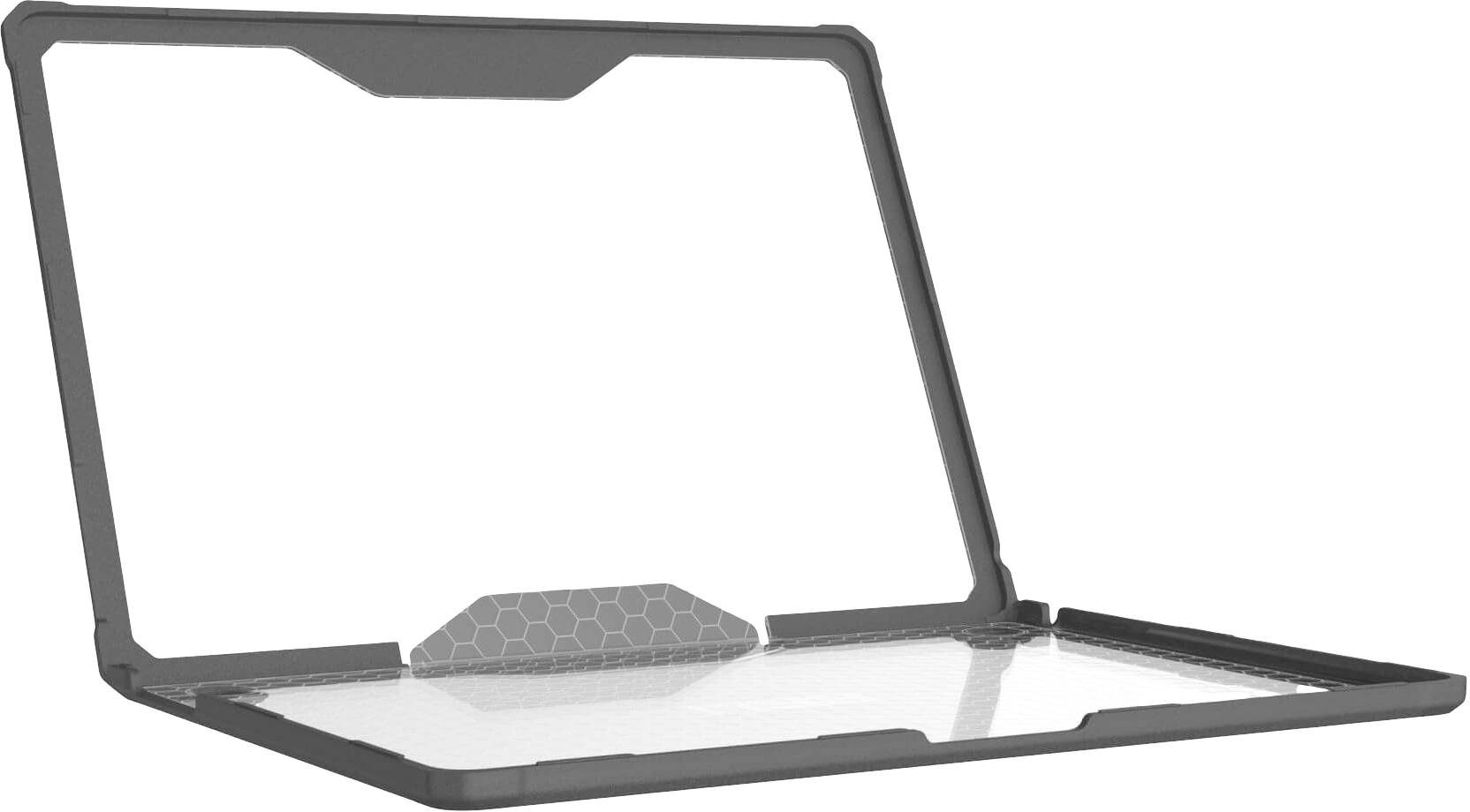 Ein geöffneter Laptop in einem schützenden Gehäuse, das sowohl den Bildschirm als auch die Tastatur schützt.