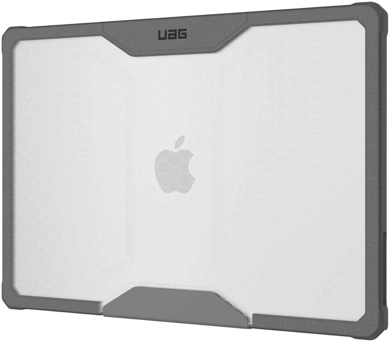 Schutzhülle für Apple-Gerät, grau mit Logo. Rechteckige Form, strukturiertes Muster, robustes Design für Stoßschutz.