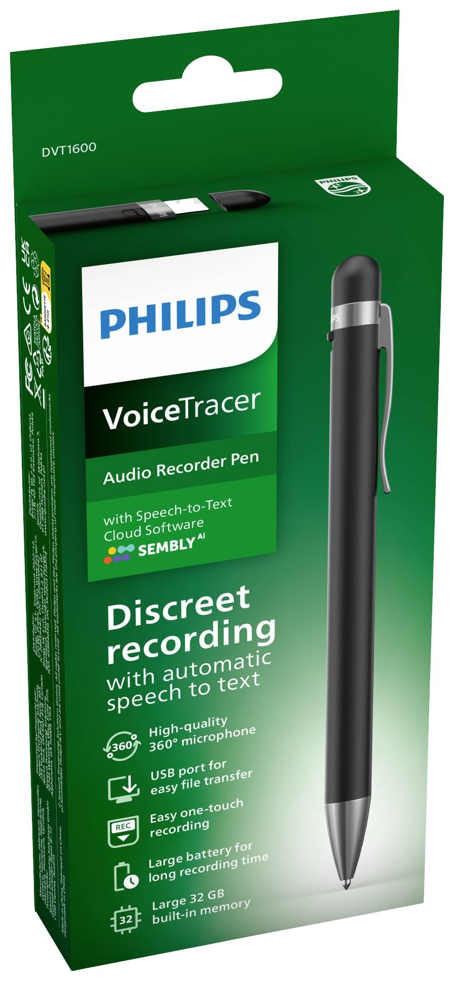 Philips Audiorecorder-Stift DVT1600 - 32 GB - PCM - USB-C - Sembly Speech-to-Text Software