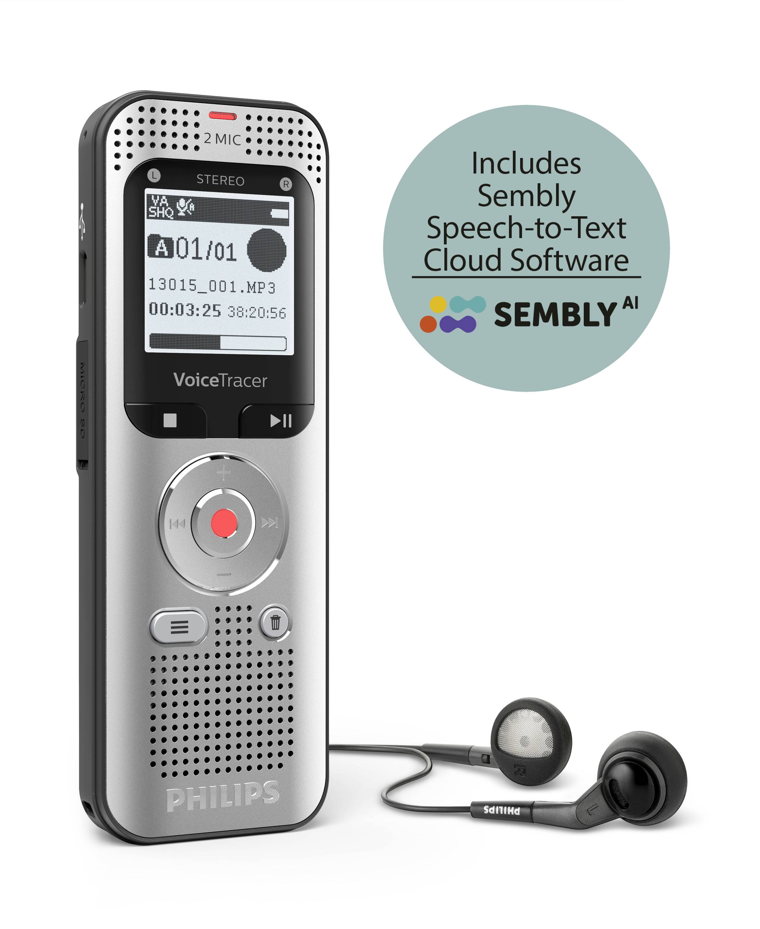 Philips Audiorecorder DVT2015 - 8 GB - MP3 - microSD - Sembly Speech-to-Text Software