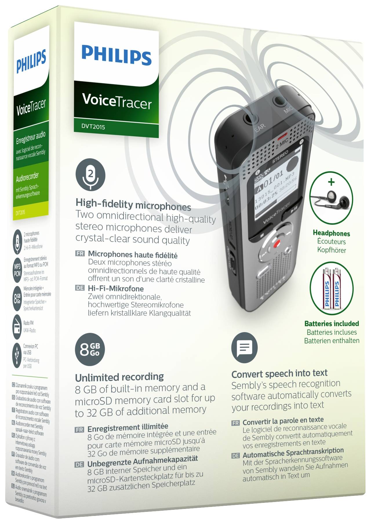 Philips Audiorecorder DVT2015 - 8 GB - MP3 - microSD - Sembly Speech-to-Text Software