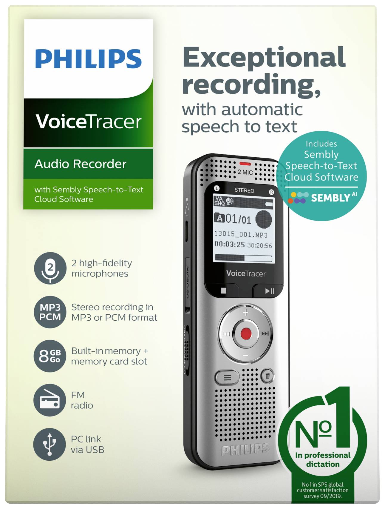 Philips Audiorecorder DVT2015 - 8 GB - MP3 - microSD - Sembly Speech-to-Text Software