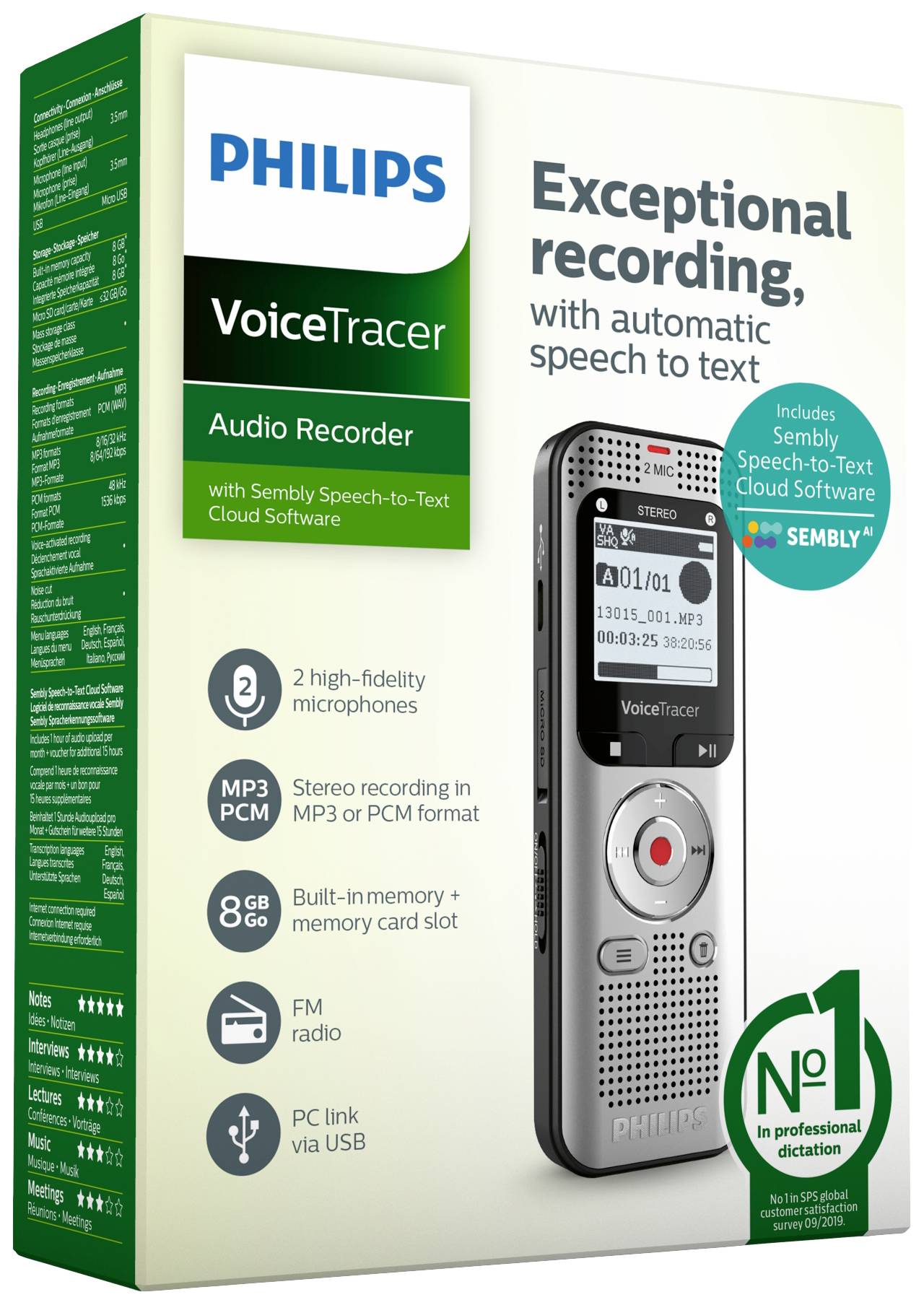 Philips Audiorecorder DVT2015 - 8 GB - MP3 - microSD - Sembly Speech-to-Text Software