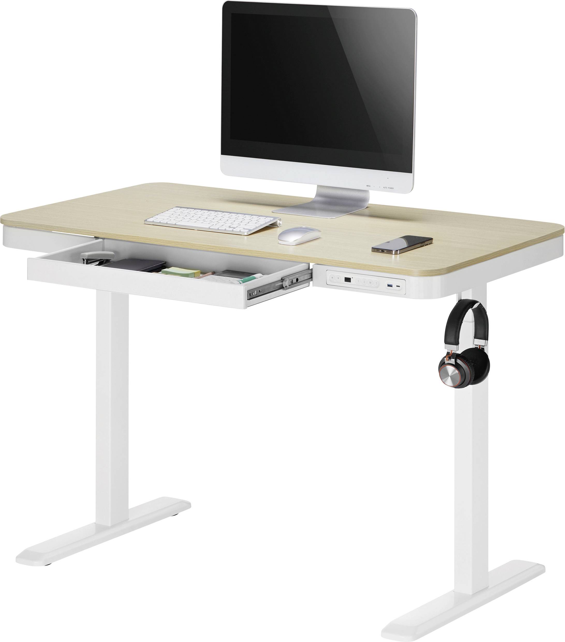 Moderner Schreibtisch mit Holzplatte, weißem Gestell und Schublade. Darauf ein Computer, Tastatur, Maus und Laptop. Kopfhörer hängen seitlich.