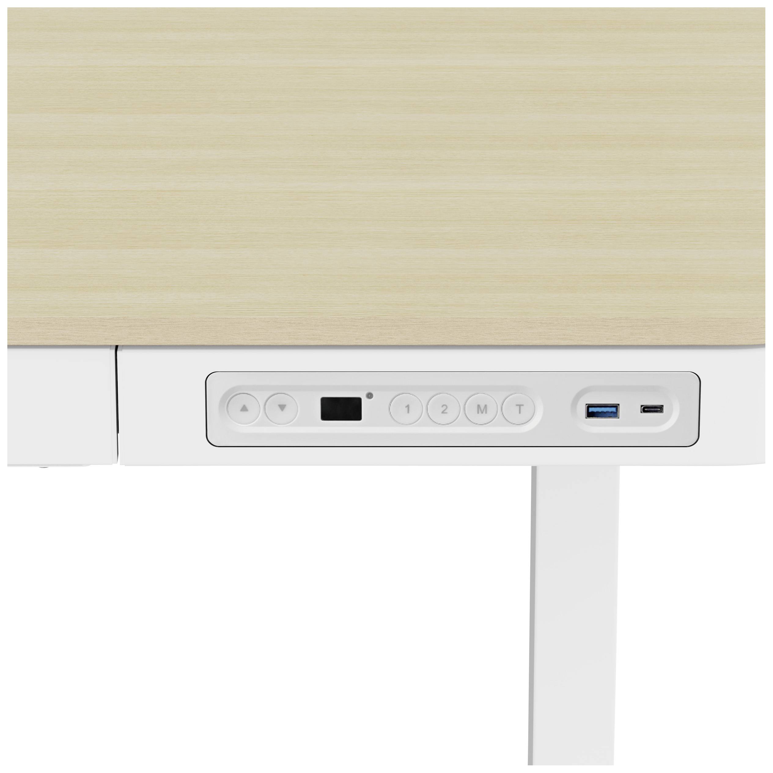 Höhenverstellbarer Schreibtisch-Bedienfeld mit Knöpfen zur Einstellung der Höhe, einem Bildschirm und USB-Anschlüssen.