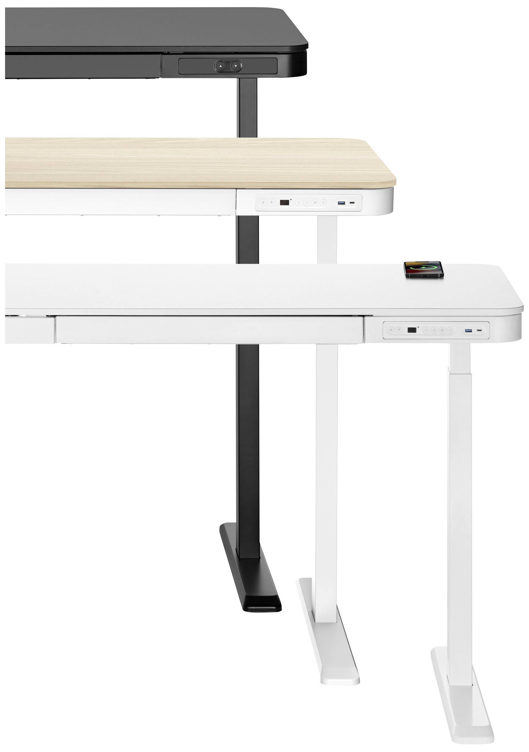 Höhenverstellbare Schreibtische in Schwarz, Hellbraun und Weiß übereinander gestapelt zeigen unterschiedliche Tischplattenfarben und -höhen.