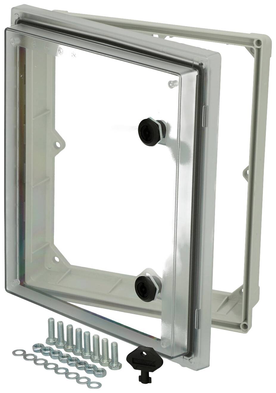 Transparente Kunststoffbox mit abnehmbarer Frontabdeckung, Schäuben und Schlüsseln.