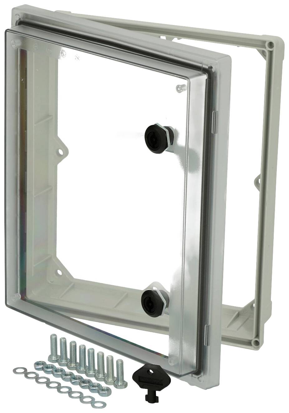 Transparente, harte Kunststoffabdeckung mit Schrauben und Schlüsseln, geeignet zur Sicherung von Absperrventilen oder Steueranlagen.