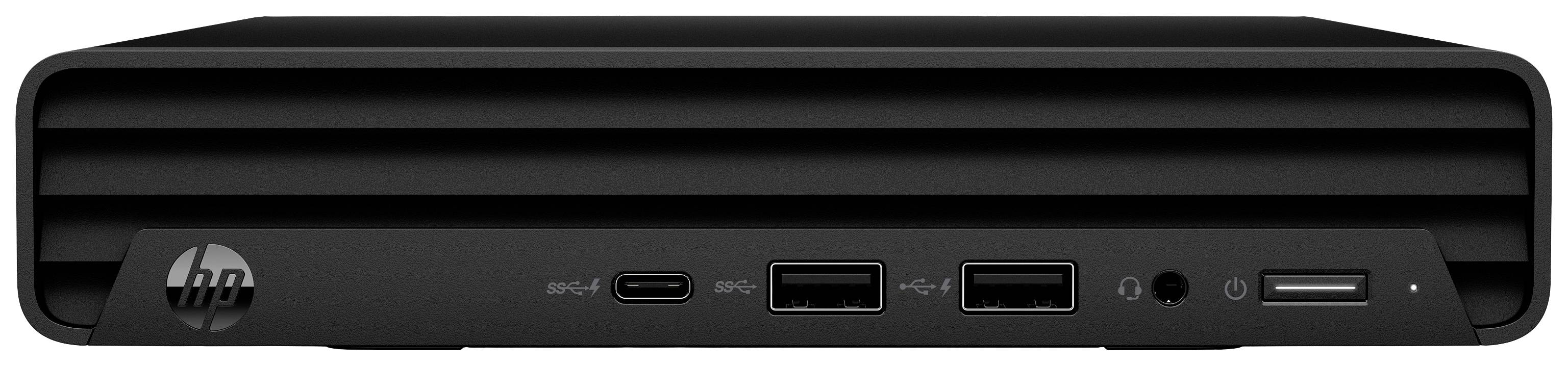 Ein schwarzer Computer mit mehreren Anschlüssen: USB-C, zwei USB-A und Kopfhörerbuchse. Kompaktes Design der Vorderseite.