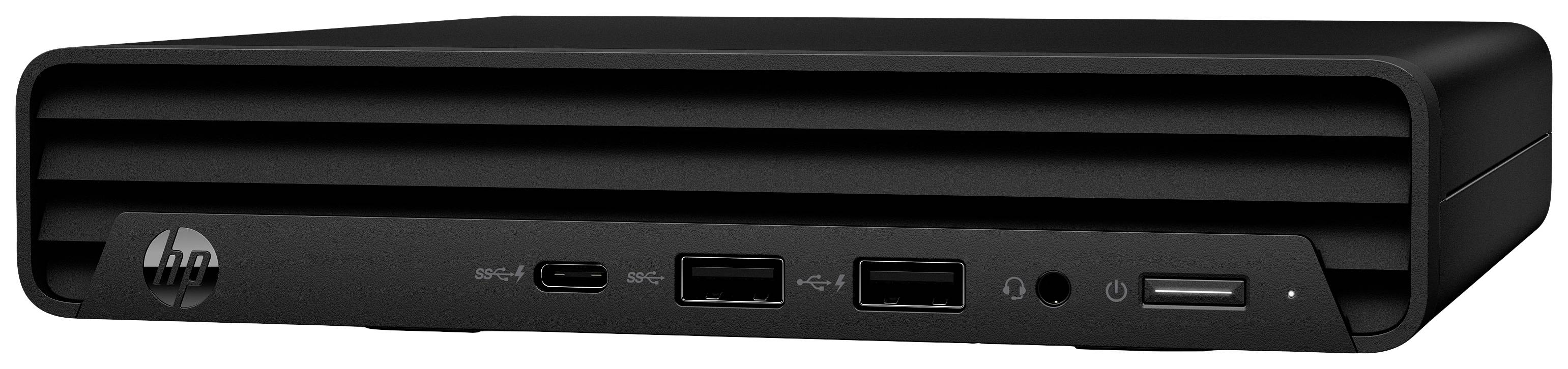 Ein schwarzer Desktop-Computer mit mehreren USB-Anschlüssen an der Vorderseite, einem Einschaltknopf und einem Kopfhöreranschluss.