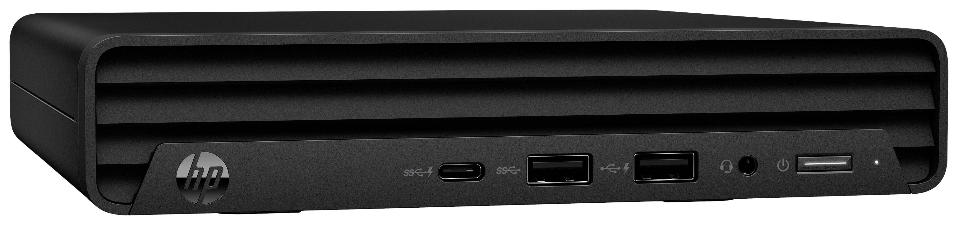 Ein kompakter, schwarzer Computer von HP mit mehreren USB-Anschlüssen an der Vorderseite. Ideal für Platz sparende Büroumgebungen.