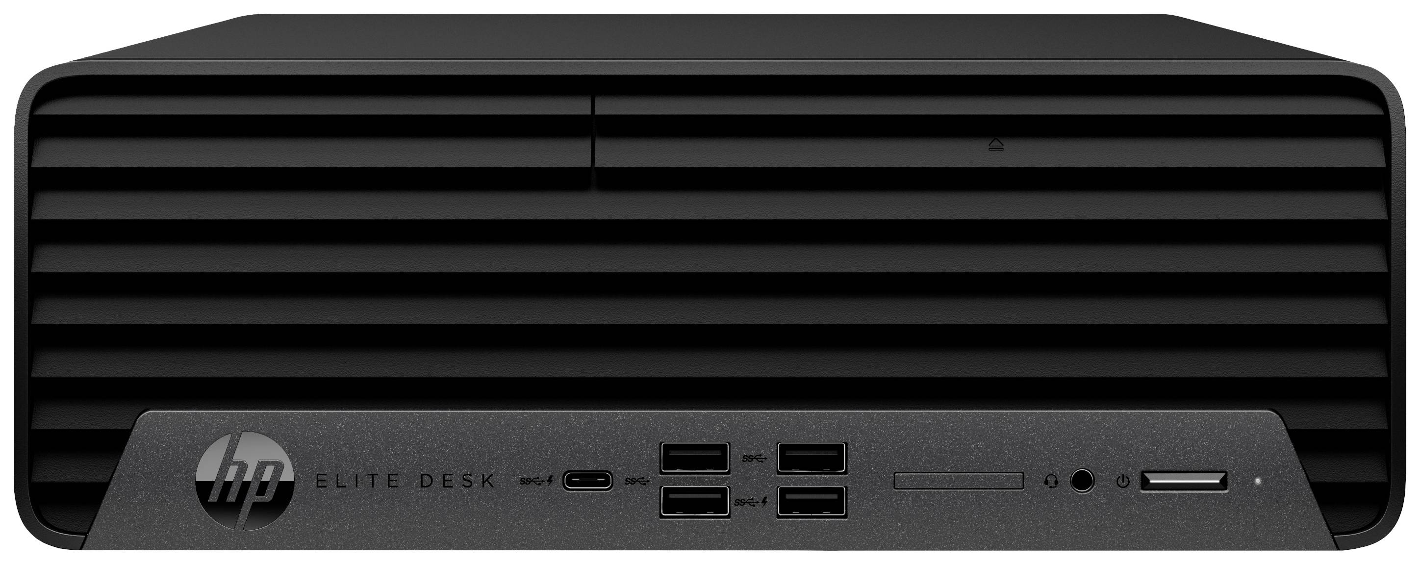 Ein schwarzer, horizontal angeordneter Desktop-Computer mit dem Logo 'HP EliteDesk' auf der Vorderseite, mehreren USB-Anschlüssen und einem Kartenleser.