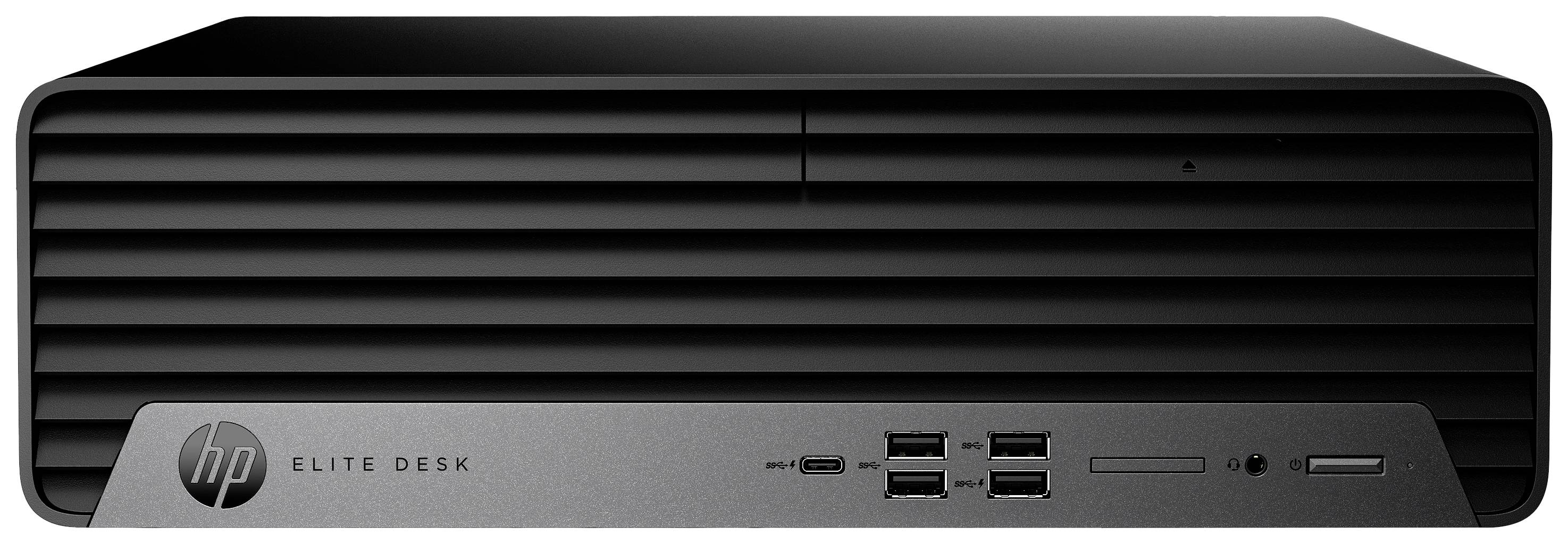 Ein schwarzer HP Elite Desk-Desktop-PC mit mehreren USB-Ports an der Vorderseite. Geeignet für Büro- oder Heimnutzung.