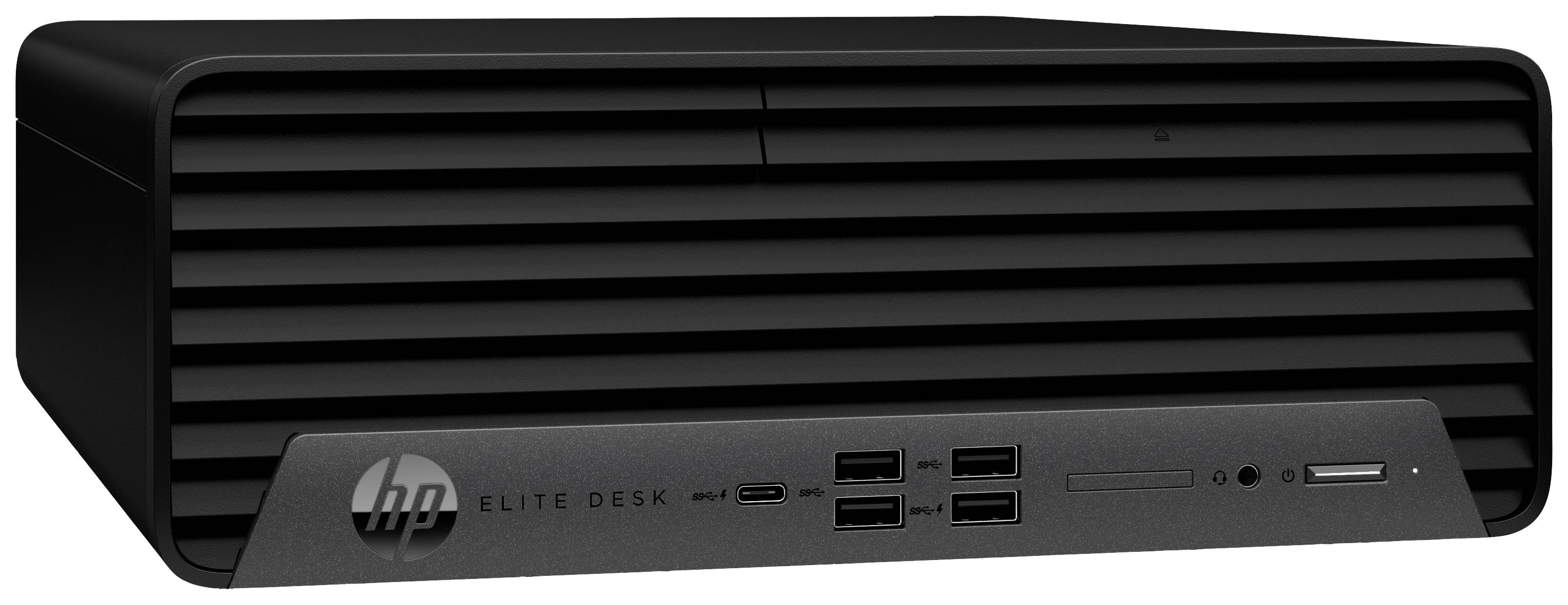 Schwarzer Desktop-Computer der Marke HP EliteDesk mit mehreren vorderen USB-Anschlüssen und einem Einschub für Speicherkarten.