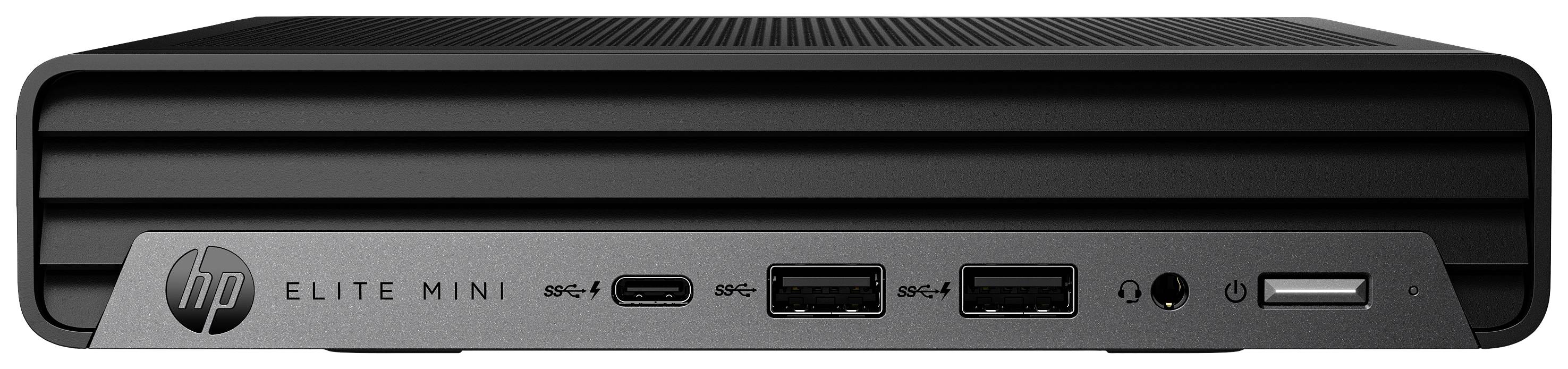 Ein schwarzer HP Elite Mini Computer von vorne, mit USB-Anschlüssen, Audioanschluss und einem Belüftungsgitter oben.