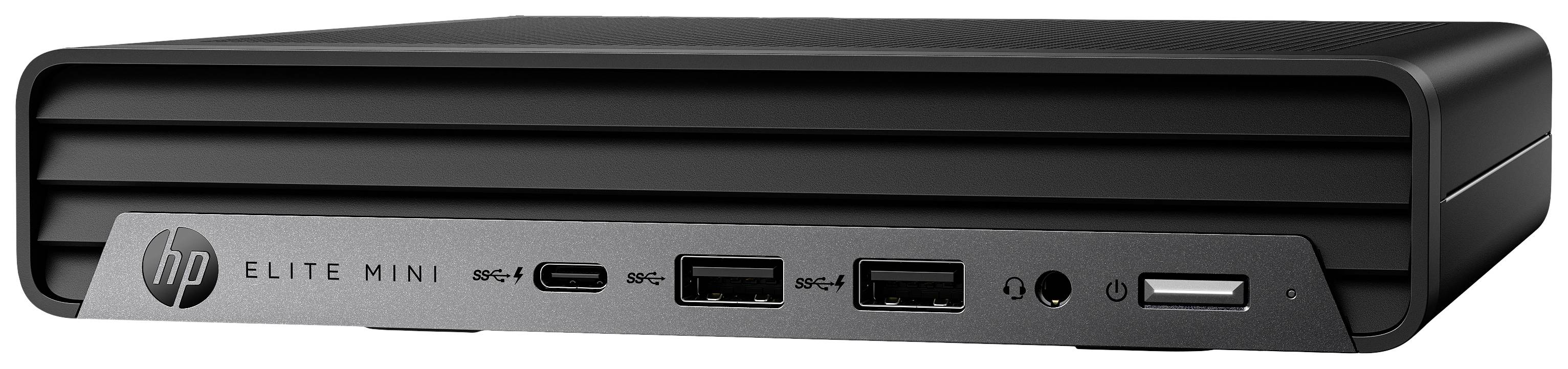 Schwarzer, kompakter Mini-PC von HP mit 'Elite Mini'-Aufschrift auf der Vorderseite. Mehrere Anschlussmöglichkeiten an der Front.